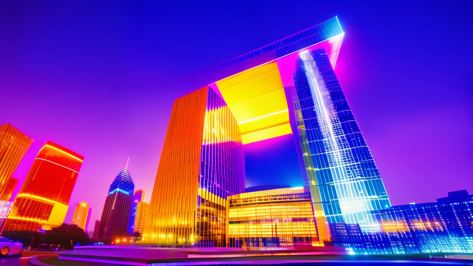 Alafard view of the building,There is a fountain in front, beijing, epic buildings in the center, Hangzhou, Vibrant and dynamic, glass buildings, super high-rise buildings, transparent building, psychedelic architecture, golden hour in beijing, arhitectural shot, futuristic government chambers, arhitectural shot, the photo shows a large, central hub,fire works