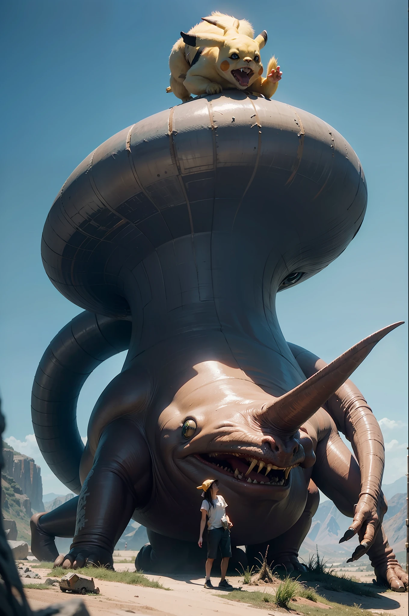 a highly detailed matte painting of a Pikachu on a hill watching a giant alien monster, by makoto shinkai, by artgerm, by wlop, by greg rutkowski, volumetric lighting, octane render, 4k resolution, trending on artstation, masterpiece