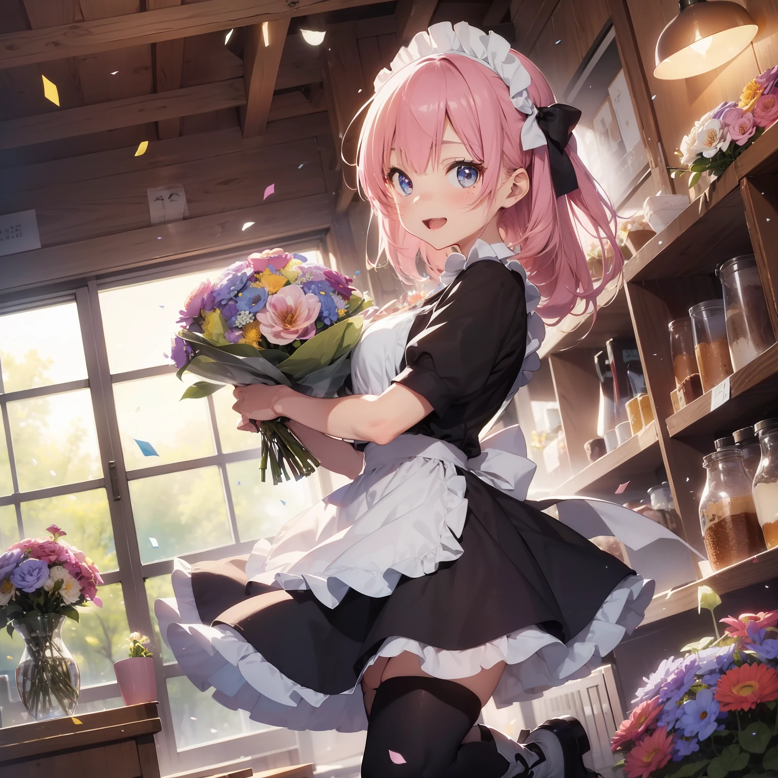 (superfine illustration:1.2),(masutepiece, 8K), (Best Quality, High quality:1.4), portlate、((Super Pastel)),Perfect Anatomy, Hyper Detailed, ultra-detailliert,masterpiece background,beautiful detailed background, V8K Wallpapers,perfect design, 1girl in, Solo, ((holding a large bouquet of flowers in both hands:1.4)),(Confetti:1.4),(One-handed microphone)、)(slender, Very short sleeves,Pink hair,maid, Outstanding smile、frombelow, Cowboy Shot:1.2), (lightsmile, Open mouth, 17 years old, Pink hair, (Super long hair,Twin-tailed), Blue eyes, Blue eyes, Black blouse, Short sleeves, maid apronl, white maid apron, Long black trousers, Long pants, long boots, Slender girl), (Inside a coffee shop in a fantasy world of medieval Europe)、(dynamic motion)、