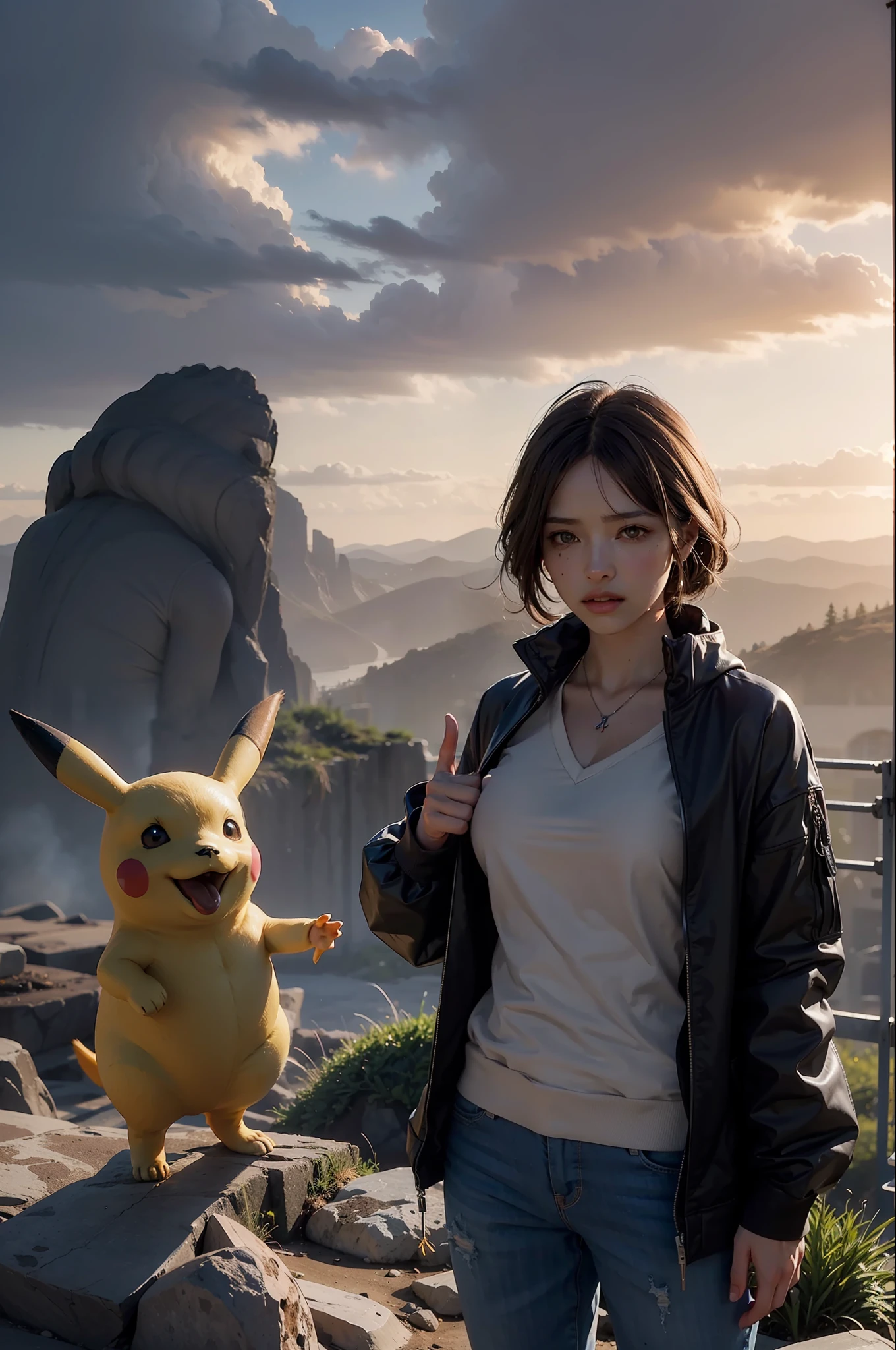 a highly detailed matte painting of a Pikachu on a hill watching a giant alien monster, by makoto shinkai, by artgerm, by wlop, by greg rutkowski, volumetric lighting, octane render, 4k resolution, trending on artstation, masterpiece