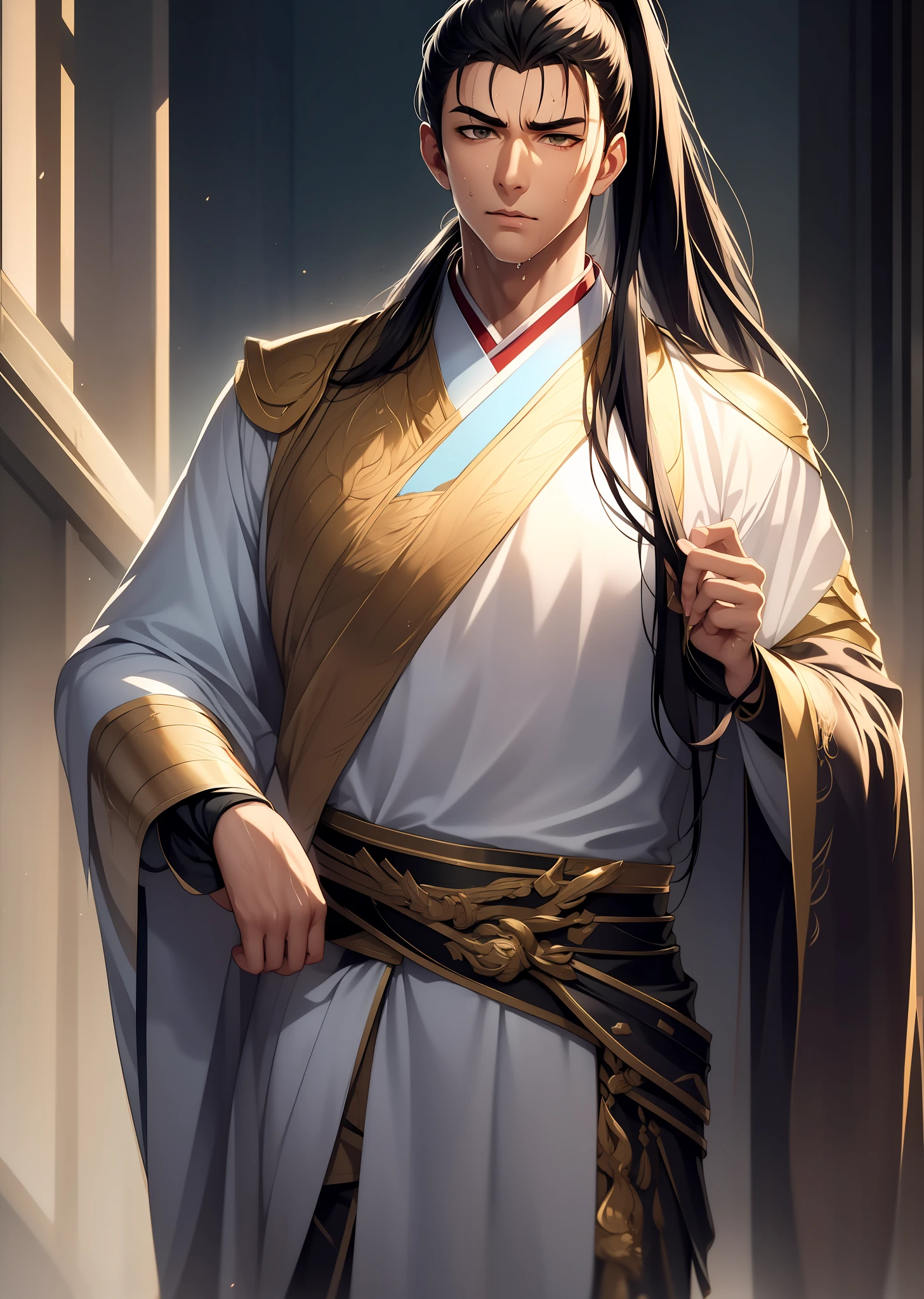 quadratic element,style of anime,mtu(Male Warrior),musculature,The proportions are correct,Face details,swordsmen,High ponytail hairstyle,perspired,Sweat on the face,drools,Neck details,There is an Adam's apple,Get wet,Drenched,Black Hanfu,kaftan,Embroidered robes,Black robe,clothes details,Handing over,longer sleeves,Game quality,Swordsmanship,Light and shadow tracking,Ray traching,detailed glow,cg render,hair detail,cabelos preto e longos,Golden eyes,Sweat on the face,Handsome,Handsome,Beads of sweat slipped down my neck,(juvenile sense),Clothing is complicated,Drenched,Get wet,Perfectcomposition,Refinement,high qulity,higher details,Lots of details,The background is complex,a sense of atmosphere,