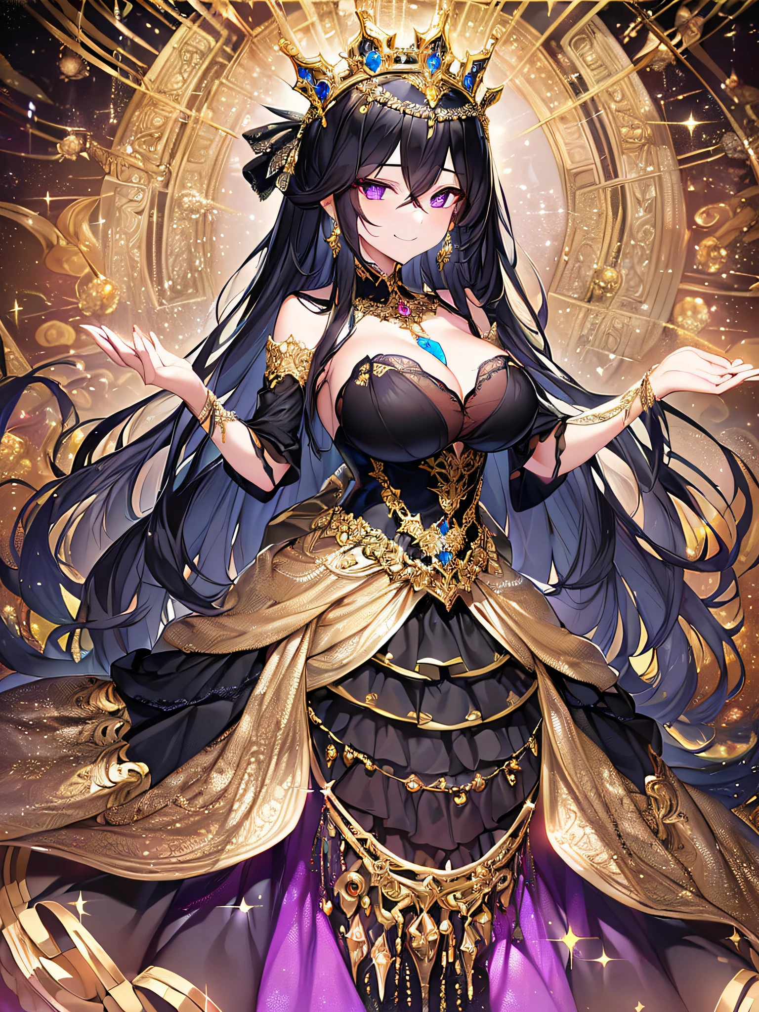 ((anime artstyle)),(Masterpiece),(Best Quality), (Super Detail),((Very Delicate and Beautiful)),Focus on character,Dynamic Angle,Looking at viewer,((Solo)),standing,((full body)),((one arrogant queen in glitter jeweled black and gold gorgeousfull ball gown with voluminous fluffy skirt)),((BlingBling)),((arrogant)),((arrogant and naughty smile)),(Purple eyes),Sharp eyes,detailed face and eyes,jewel-like eyes,((Very Long voluminous black Hair)),Straight Hair,((Bangs between eyes)),((gorgeousfull embroidery and lace)),gorgeous corsage,See-through,gorgeousfull BlingBling hair ornament,gorgeousfull glitter jeweled tiara,ornate ruffles,((gigantic breasts,Long breasts)),skindentation,((full body)),((hoop skirt,crinoline)),(((gorgeous embroidery and glitter jeweled black and gold gorgeousfull ball gown with voluminous fluffy skirt))),(full body)