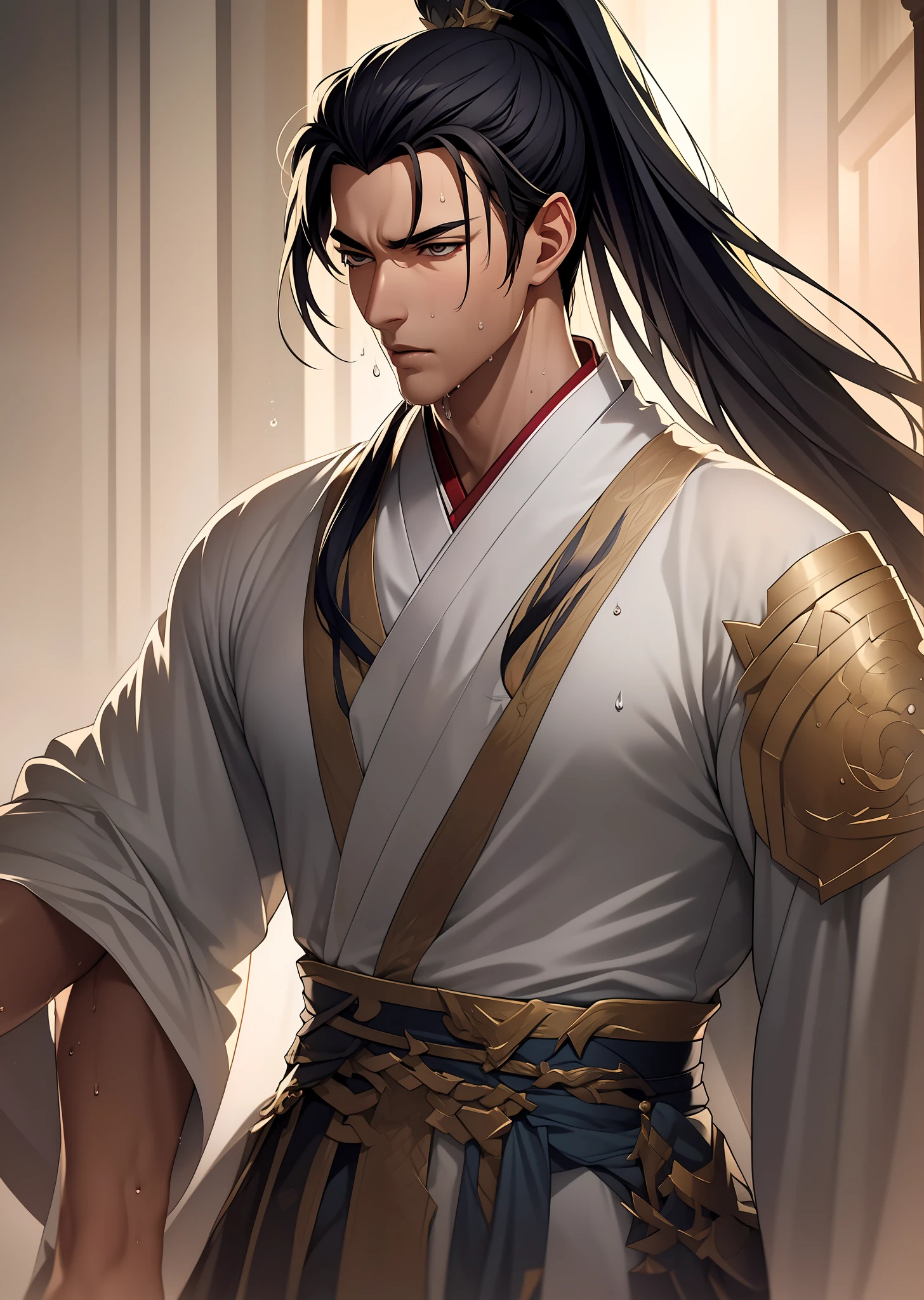 quadratic element，style of anime，mtu（Male Warrior），musculature，The proportions are correct，Face details，swordsmen，High ponytail hairstyle，perspired，Sweat on the face，drools，Neck details，There is an Adam's apple，Get wet，Drenched，Black Hanfu，kaftan，Embroidered robes，Black robe，clothes details，Handing over，longer sleeves，Game quality，Swordsmanship，Light and shadow tracking，Ray traching，detailed glow，cg render，hair detail，cabelos preto e longos，Golden eyes，Sweat on the face，Handsome，Handsome，Beads of sweat slipped down my neck，（juvenile sense），Clothing is complicated，Drenched，Get wet，Perfectcomposition，Refinement，high qulity，higher details，Lots of details，The background is complex，a sense of atmosphere，