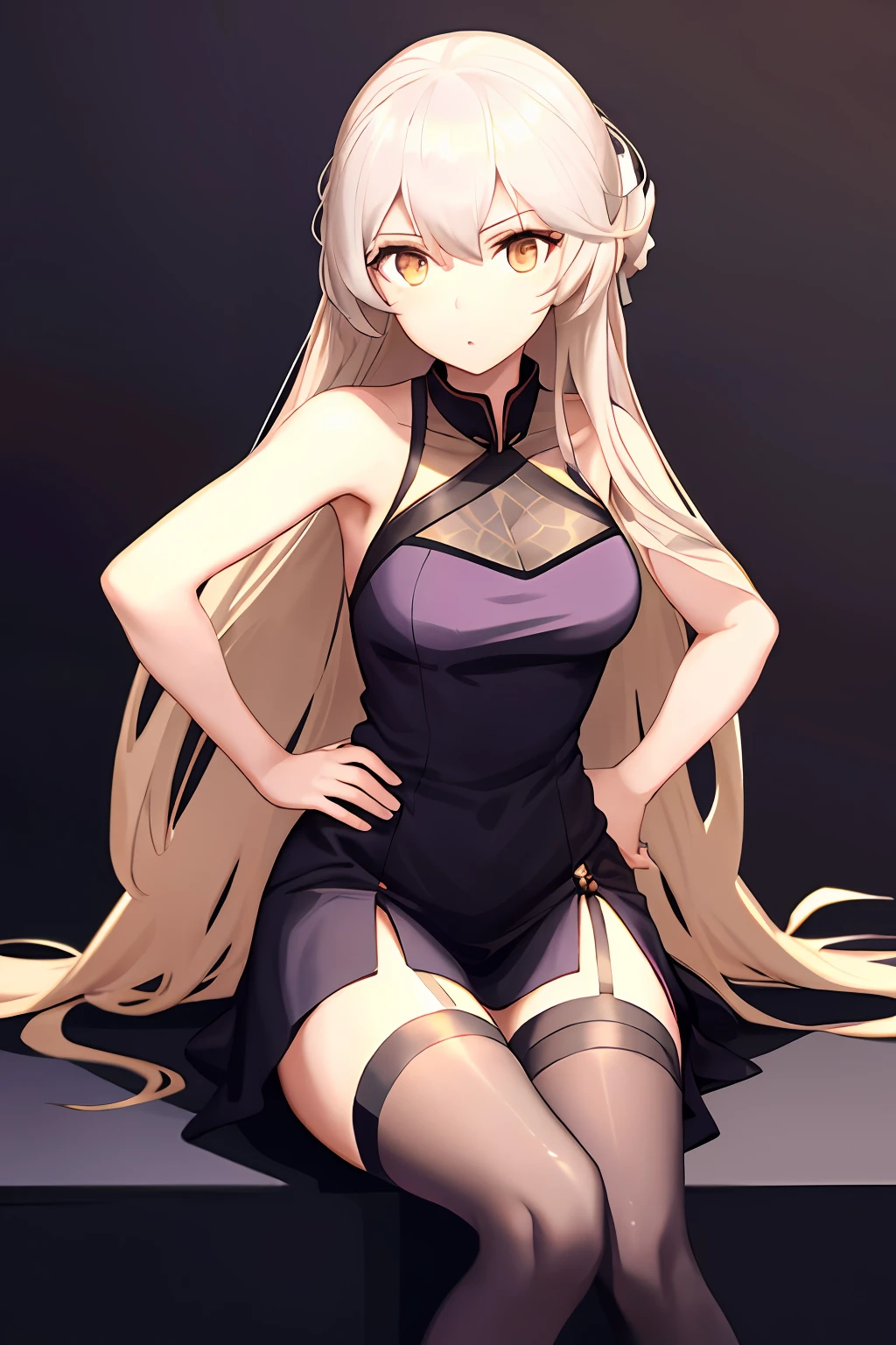 1girl, solo, ots- \(girls' frontline\),  purpleheart, black dress,  sitting, :o, hand on hip, white background, simple background,