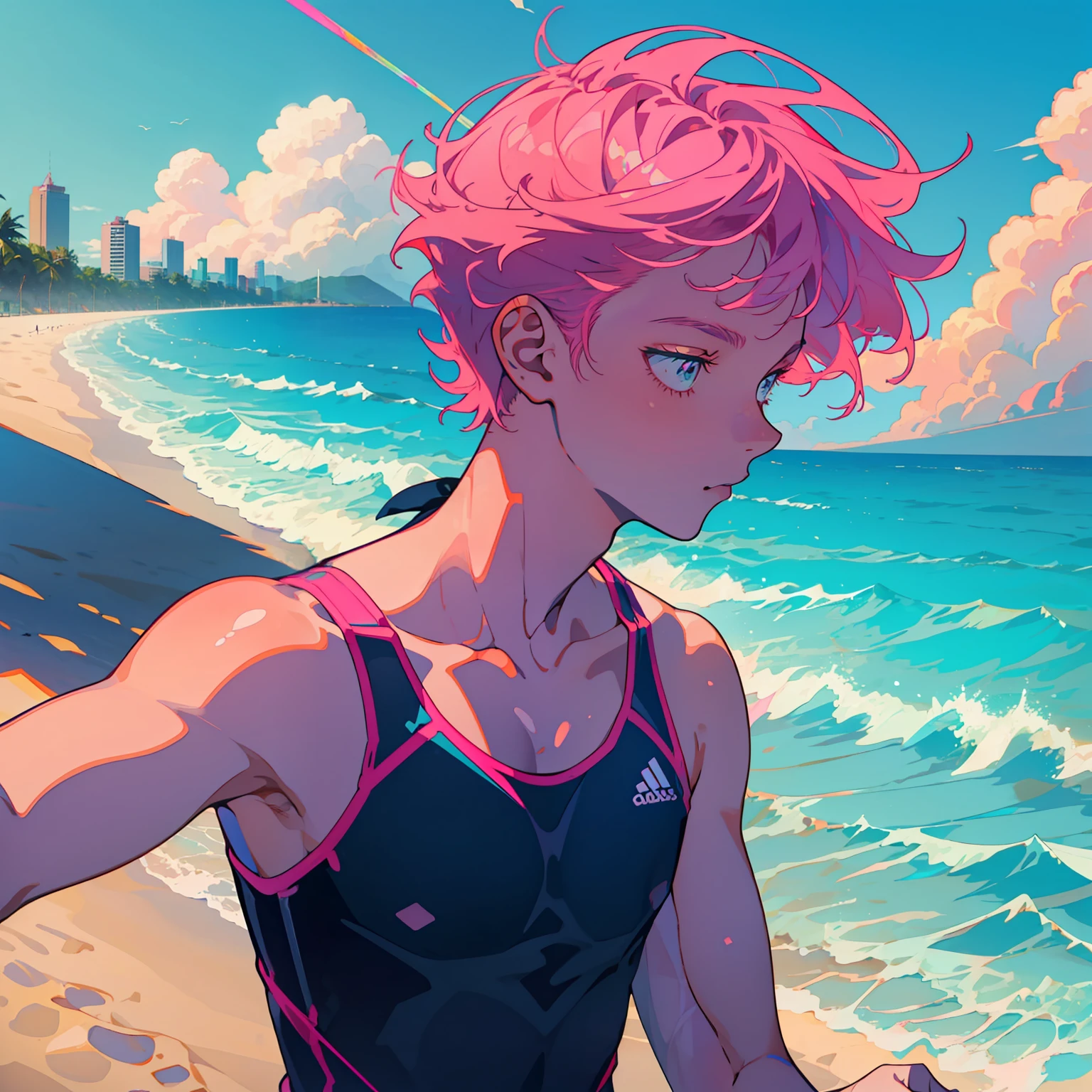 A teenager playing beach volleyball by the sea，wriggling，rays of sunshine，Handsome and cute，A pink-haired，Short hair，Messy hairstyle，Wear swimming briefs，The upper body is exposed，Play beach volleyball