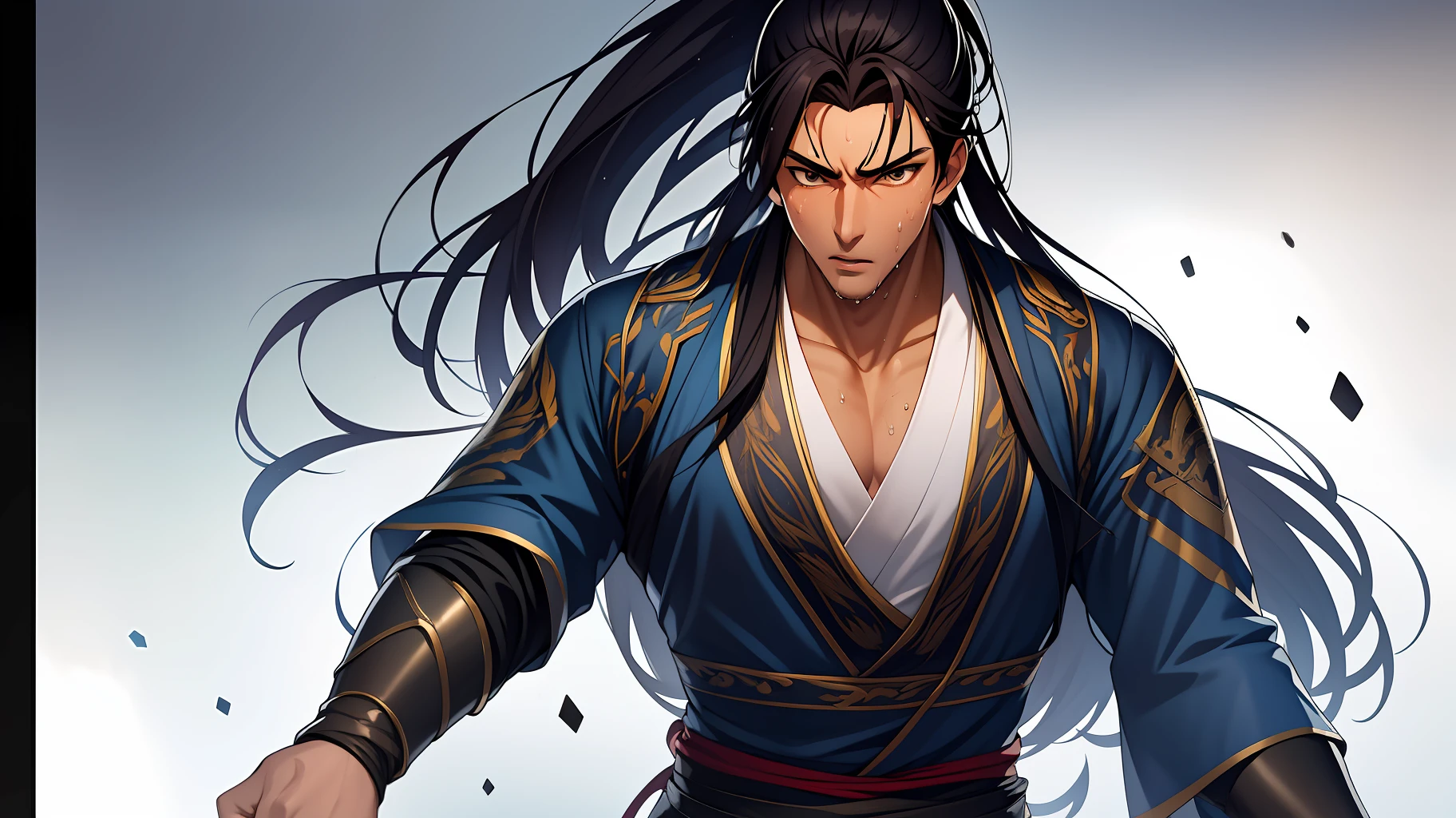 quadratic element,style of anime,mtu(Male Warrior),musculature,The proportions are correct,Face details,swordsmen,High ponytail hairstyle,perspired,Sweat on the face,drools,Neck details,There is an Adam's apple,Get wet,Drenched,Black Hanfu,kaftan,Embroidered robes,Black robe,clothes details,Handing over,longer sleeves,Game quality,Swordsmanship,Light and shadow tracking,Ray traching,detailed glow,cg render,hair detail,cabelos preto e longos,Golden eyes,Sweat on the face,Handsome,Handsome,Beads of sweat slipped down my neck,(juvenile sense),Clothing is complicated,Drenched,Get wet,Perfectcomposition,Refinement,high qulity,higher details,Lots of details,The background is complex,a sense of atmosphere,