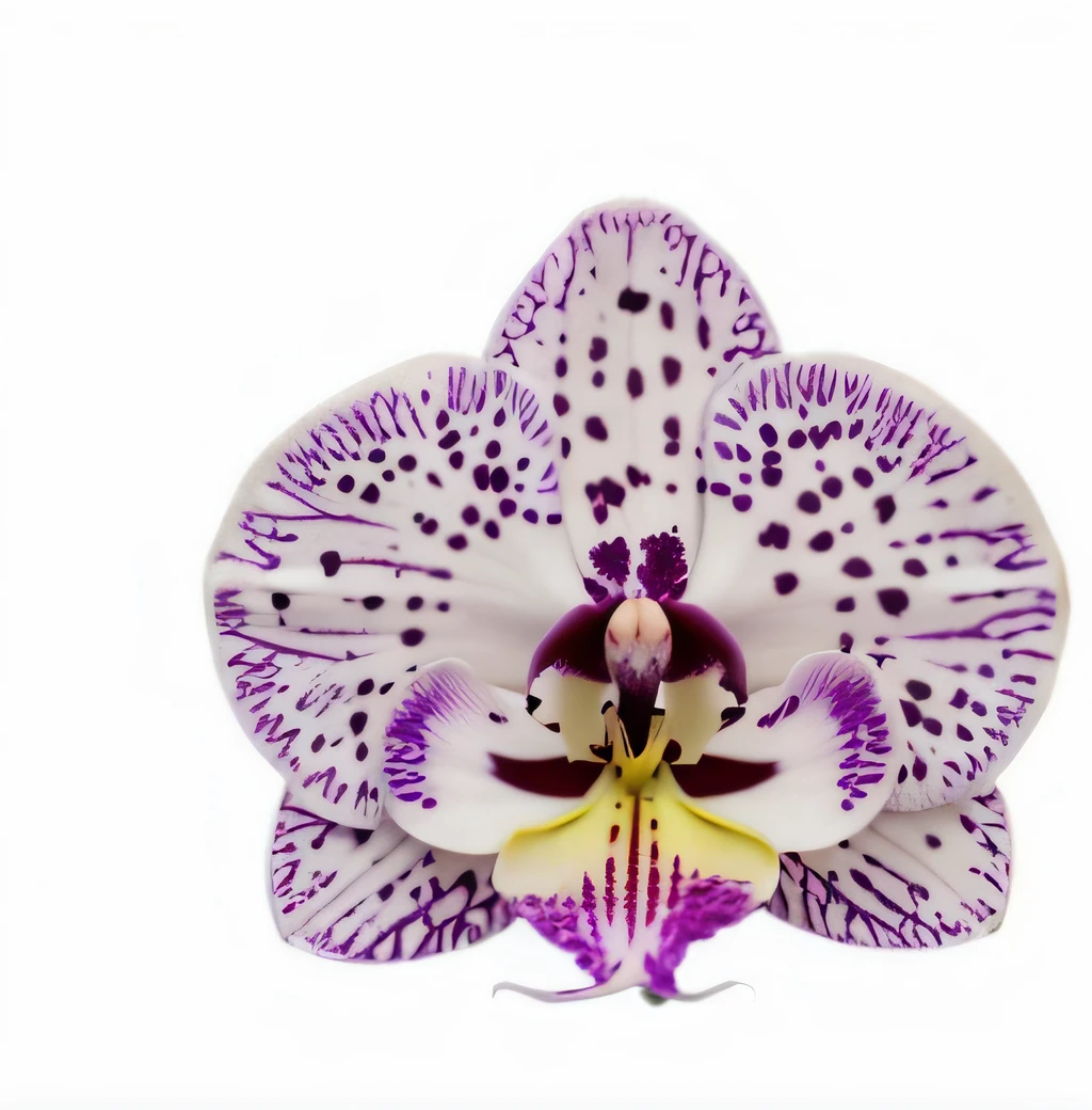 Purple and white orchids,There are spots on the petals, an orchid flower, Reflective orchids, orchid, Moth orchid, 3D giant orchid, violet polsangi, her face looks like an orchid, an orchid flower, flower sepals forming helmet, large exotic flowers, author:Charles Bilich, exotic lily ears, white backgrounid, metal orchid flower, white and purple