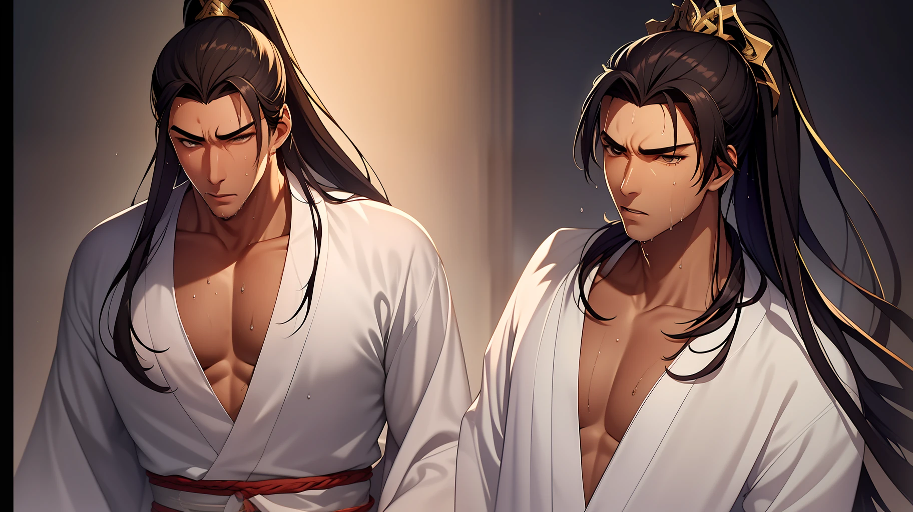 quadratic element，style of anime，mtu（Male Warrior），musculature，The proportions are correct，Face details，swordsmen，High ponytail hairstyle，perspired，Sweat on the face，drools，Neck details，There is an Adam's apple，Get wet，Drenched，Black Hanfu，kaftan，Embroidered robes，Black robe，clothes details，Handing over，longer sleeves，Game quality，Swordsmanship，Light and shadow tracking，Ray traching，detailed glow，cg render，hair detail，cabelos preto e longos，Golden eyes，Sweat on the face，Handsome，Handsome，Beads of sweat slipped down my neck，（juvenile sense），Clothing is complicated，Drenched，Get wet，Perfectcomposition，Refinement，high qulity，higher details，Lots of details，The background is complex，a sense of atmosphere，
