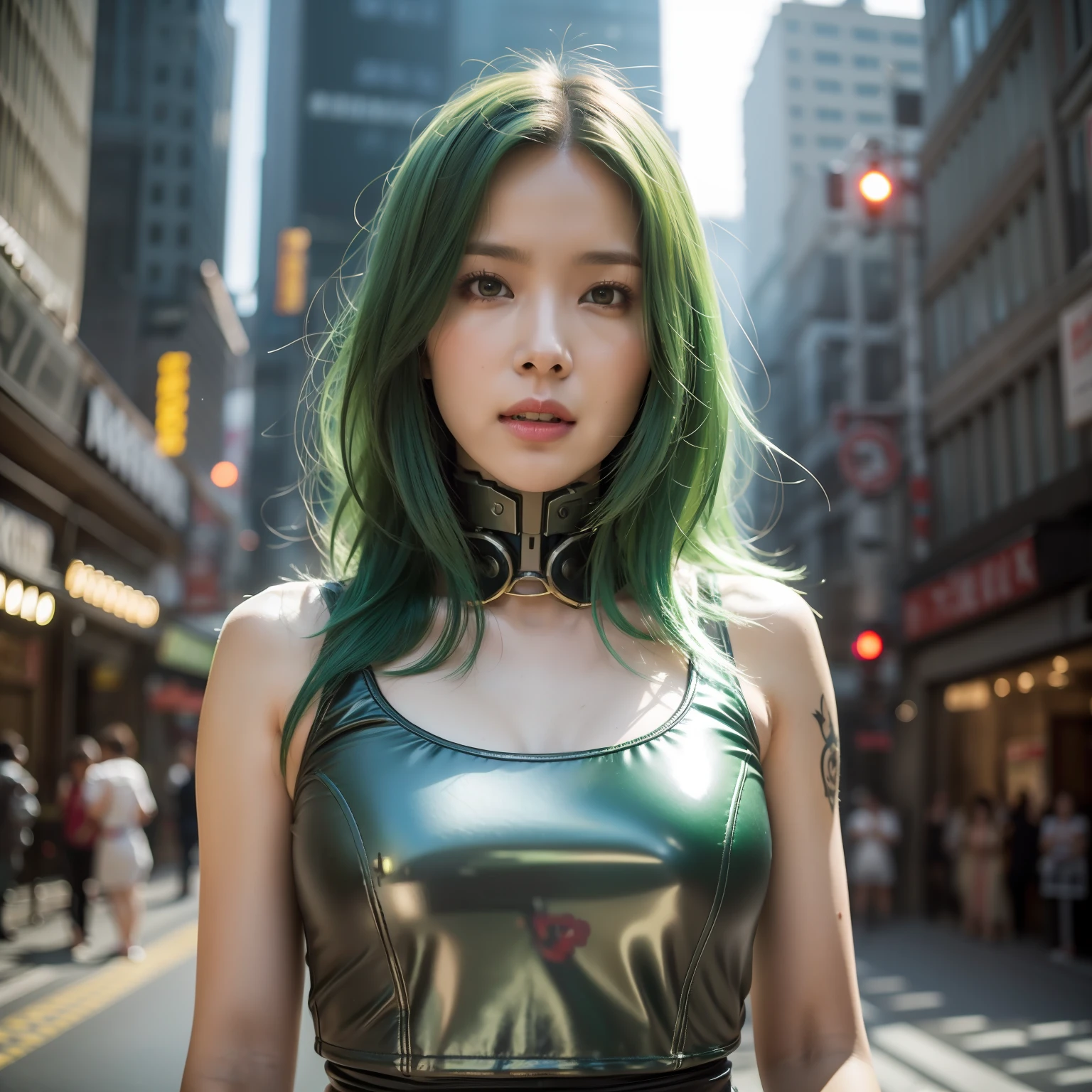 Award-winning photo from the waist up, green-haired woman showing face, alone, from torso up, with cybernetic enhancements with tattoo of magical symbols, in front of cyberpunk buildings, vibrant, photorealistic, hyperrealism, strong impressionist painting style, 1,618, elegant, ethereal, intricate, elaborate, hyper-realism, hyper-detailed, strong expressiveness and emotionality, cinematic lighting, visual clarity