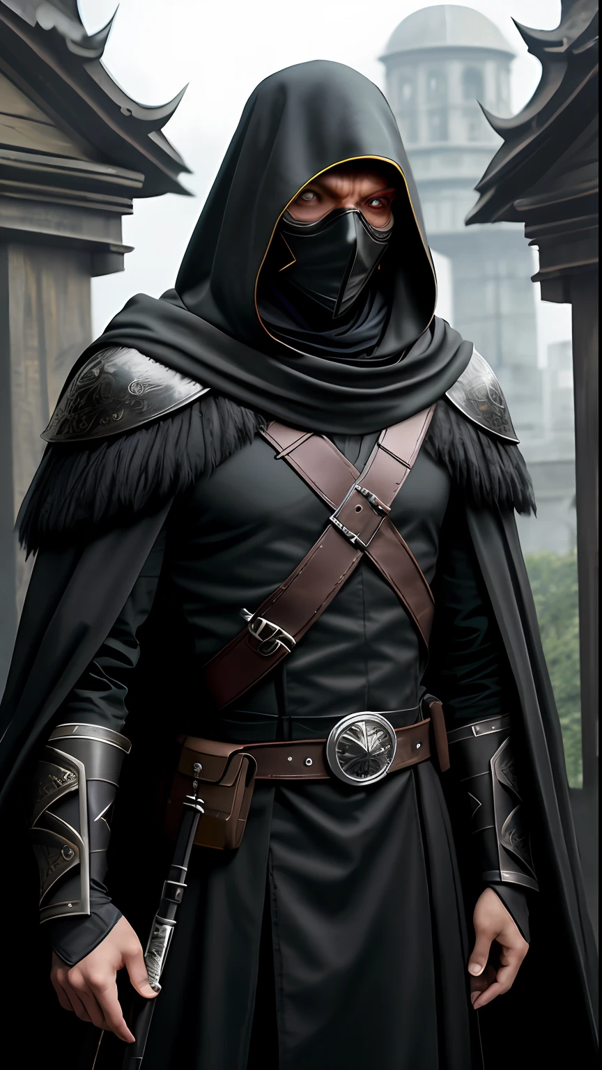 mtu,Metal face,large tall,muscline,Metal masks,tmasterpiece,of the highest quality,4k,a black cloak,a sense of mystery,hacking,messenger,Kind