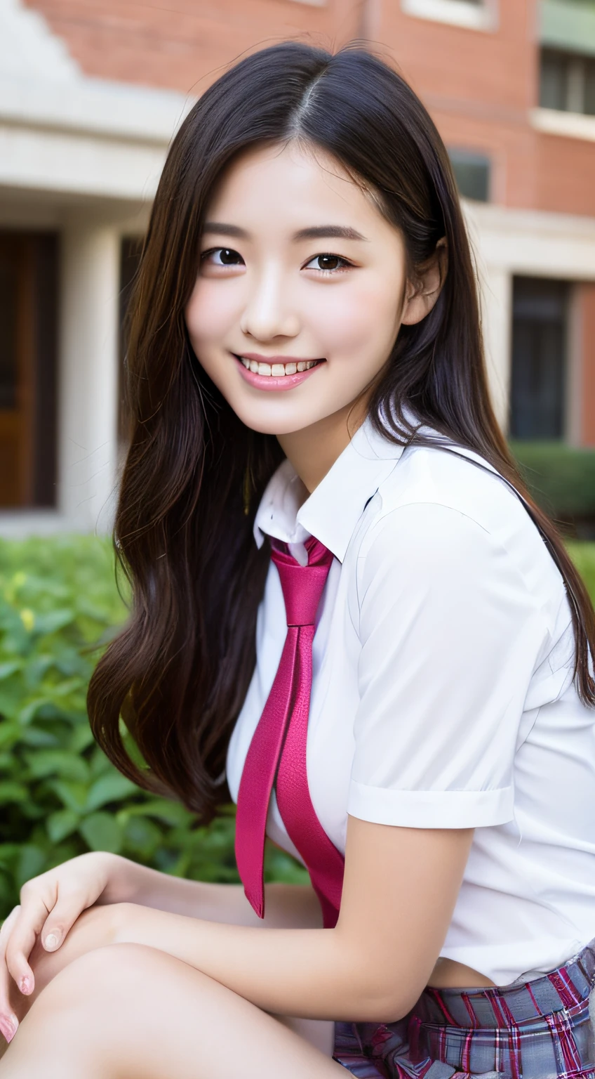 Highly detailed 8k wallpaper), sharp focus, detailed, dramatic, 15 years old, delicate and beautiful schoolgirl, sheer white shirt, tie, dark blue pleated micro mini, pink lingerie, sexy, smiling, peeping at the viewer, graphics beautiful, bright school building, full of students, sit, .