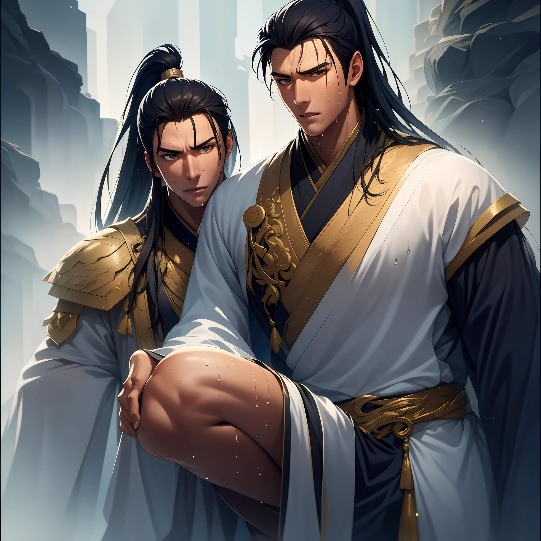 quadratic element,style of anime,mtu(Male Warrior),musculature,The proportions are correct,Face details,swordsmen,High ponytail hairstyle,perspired,Sweat on the face,drools,Neck details,There is an Adam's apple,Get wet,Drenched,Black Hanfu,kaftan,Embroidered robes,Black robe,clothes details,Handing over,longer sleeves,Game quality,Swordsmanship,Light and shadow tracking,Ray traching,detailed glow,cg render,hair detail,cabelos preto e longos,Golden eyes,Sweat on the face,Handsome,Handsome,Beads of sweat slipped down my neck,(juvenile sense),Clothing is complicated,Drenched,Get wet,Perfectcomposition,Refinement,high qulity,higher details,Lots of details,The background is complex,a sense of atmosphere,