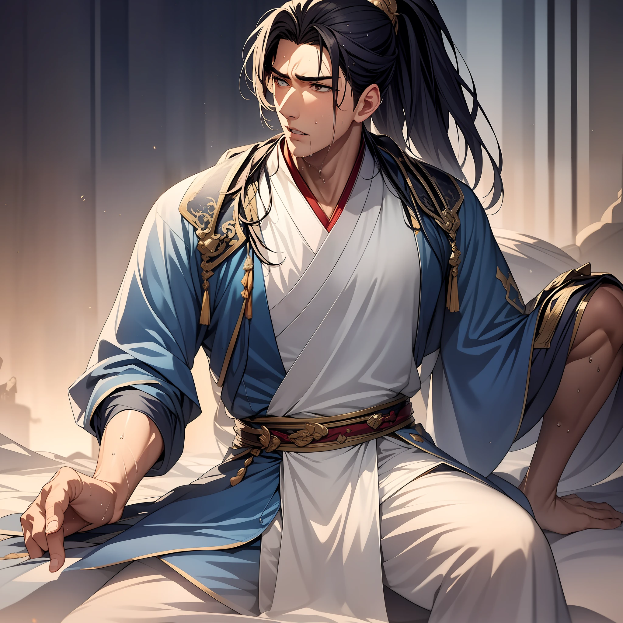 quadratic element，style of anime，mtu（Male Warrior），musculature，The proportions are correct，Face details，swordsmen，High ponytail hairstyle，perspired，Sweat on the face，drools，Neck details，There is an Adam's apple，Get wet，Drenched，Black Hanfu，kaftan，Embroidered robes，Black robe，clothes details，Handing over，longer sleeves，Game quality，Swordsmanship，Light and shadow tracking，Ray traching，detailed glow，cg render，hair detail，cabelos preto e longos，Golden eyes，Sweat on the face，Handsome，Handsome，Beads of sweat slipped down my neck，（juvenile sense），Clothing is complicated，Drenched，Get wet，Perfectcomposition，Refinement，high qulity，higher details，Lots of details，The background is complex，a sense of atmosphere，