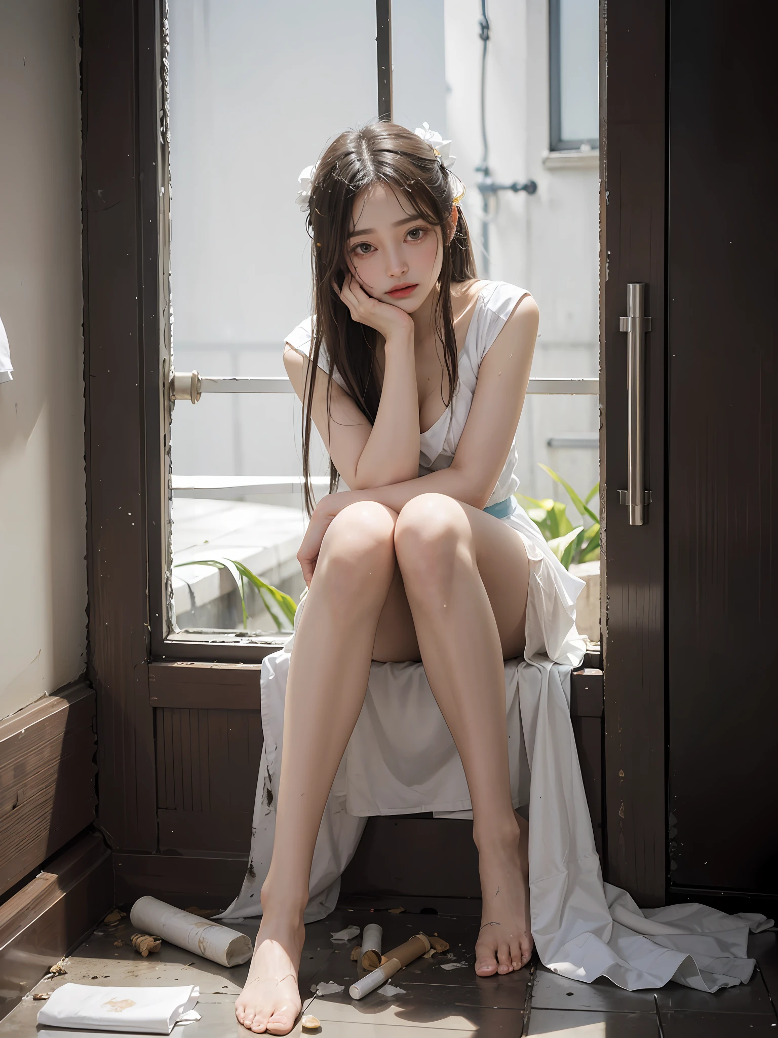 Psychedelic,Fine,dramatic,Ray tracing,postapocalyptic,Full body photo,(atractive Face,Peerless beauty,s the perfect face,messy hair,pale white face,Perfect female body,Light and thin Hanfu,Small breasts),Sitting in the middle of an abandoned men's toilet,There is a men's standing urinal,Mess,Cigarette butts and littered toilet paper,Devastated,Broken doors and windows,Clutter piles up haphazardly,The ground is a mess,pee stain, Sweat, sewage, Splashes,The ground is dilapidated,Light and thin Hanfu,The are slightly exposed,Cloudy white liquid covering,facing at camera,Exquisite and perfect facial features,the most beautiful big eyes,Long eyelashes,The eyes are sweet and there are lying silkworms,Willow leaf arched his eyebrows,There are tear tracks on the face,White and tender skin,Slender legs,Delicate and perfect human body structure,Barefoot,Spread your legs,Extreme picture quality,Highest accuracy