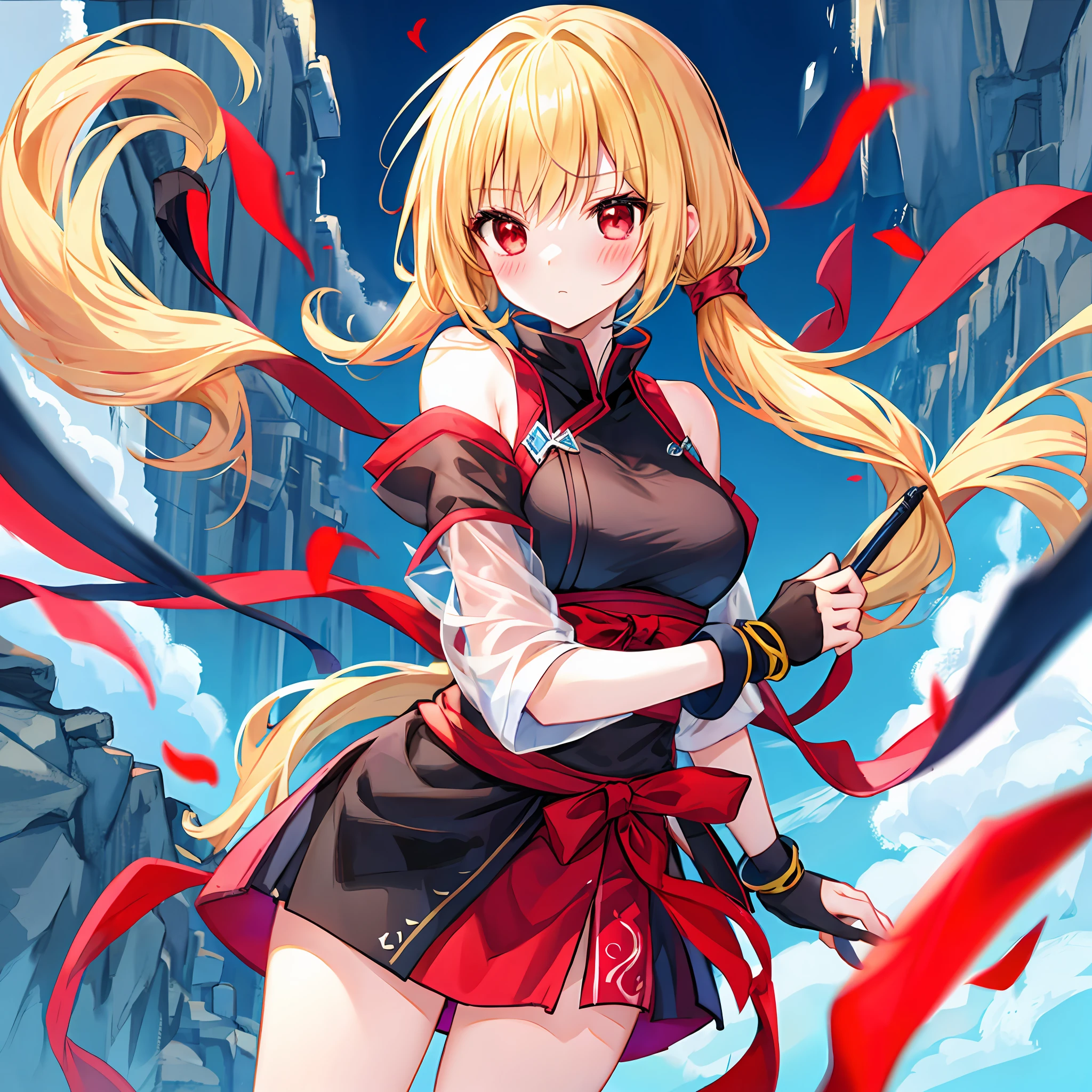 red blush、a blond、red eyes、Beautiful girl alone、animesque、独奏、Female ninja、ninjartist、off shoulders