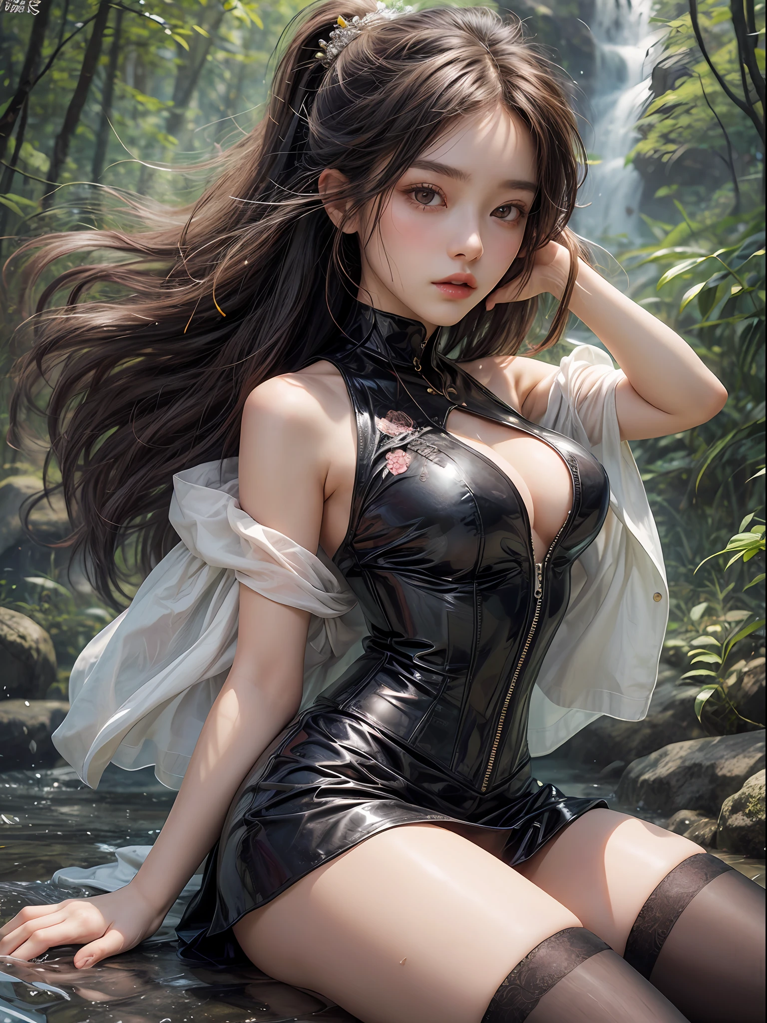 Holding a large see-through stole with pale pink floral pattern with both hands、Swaying in the wind。dark color、shackle、Halter Neck Bodysuit、Rubber Suit Corset、garterbelts、Upper eye、light-colored skin and loose navel skin,,,,,,,,,,,,,,,,。Skirt flutters in the wind and spreads。Dynamic Posing。Dancing Poses。
Loose clothing shows shoulders。Very beautiful girl at 19 years old。
Hair swaying in the wind。 masutepiece、Best Photoreal、portlate、Sheer clothing、wetted skin、Wet hair、Sexy look、Functional、Bewitching、Clothes with an open back、Oblique composition、Waterfall in the forest、Big hair ornament、Medium chest、Navel Ejection、Shiny knee-high socks、Bold open chest clothes、Sit on the rocks、Cross your legs、hair adornments、