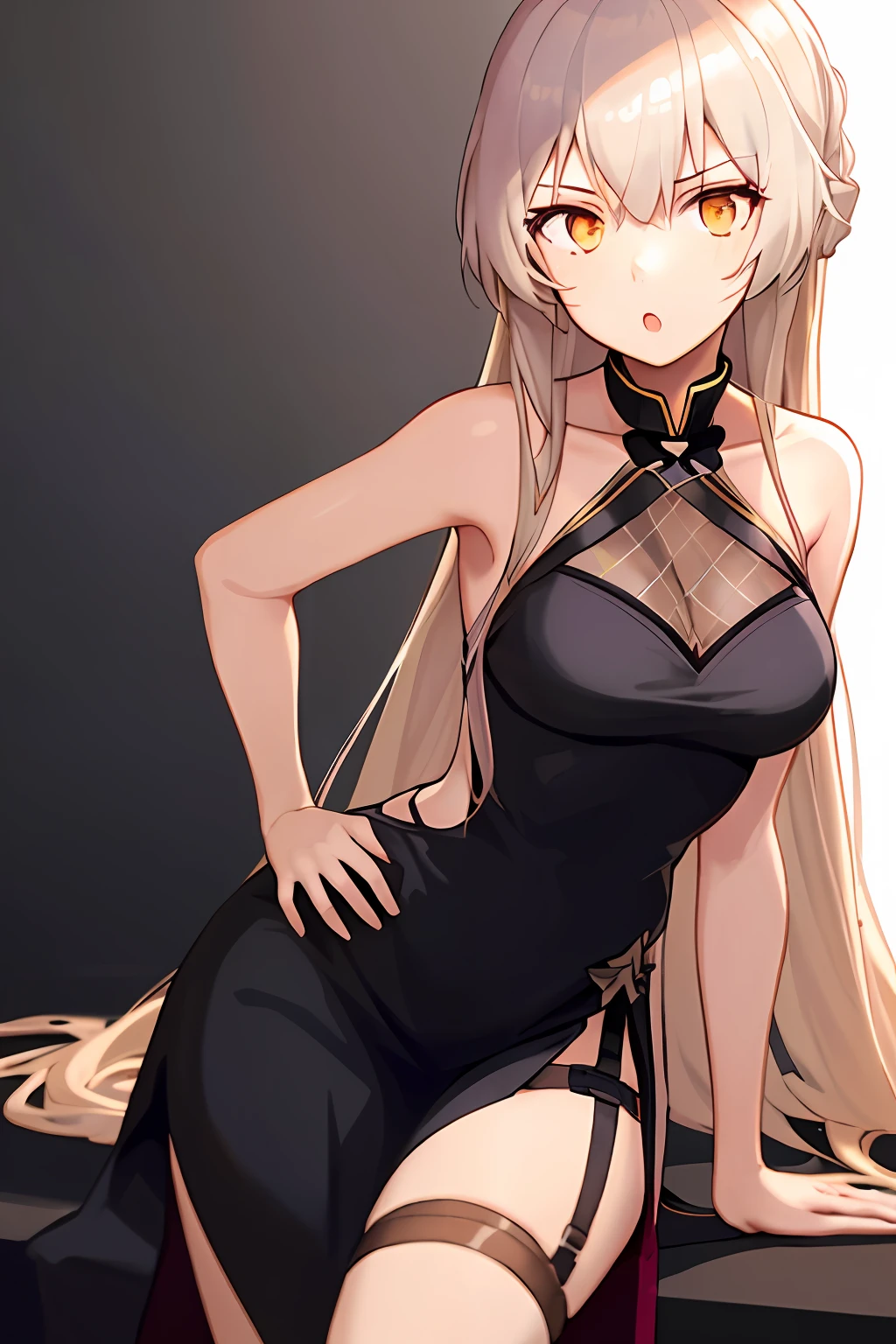 1girl, solo, ots-14 \(girls' frontline\), purpleheart, black dress, sitting, :o, hand on hip, white background, simple background,