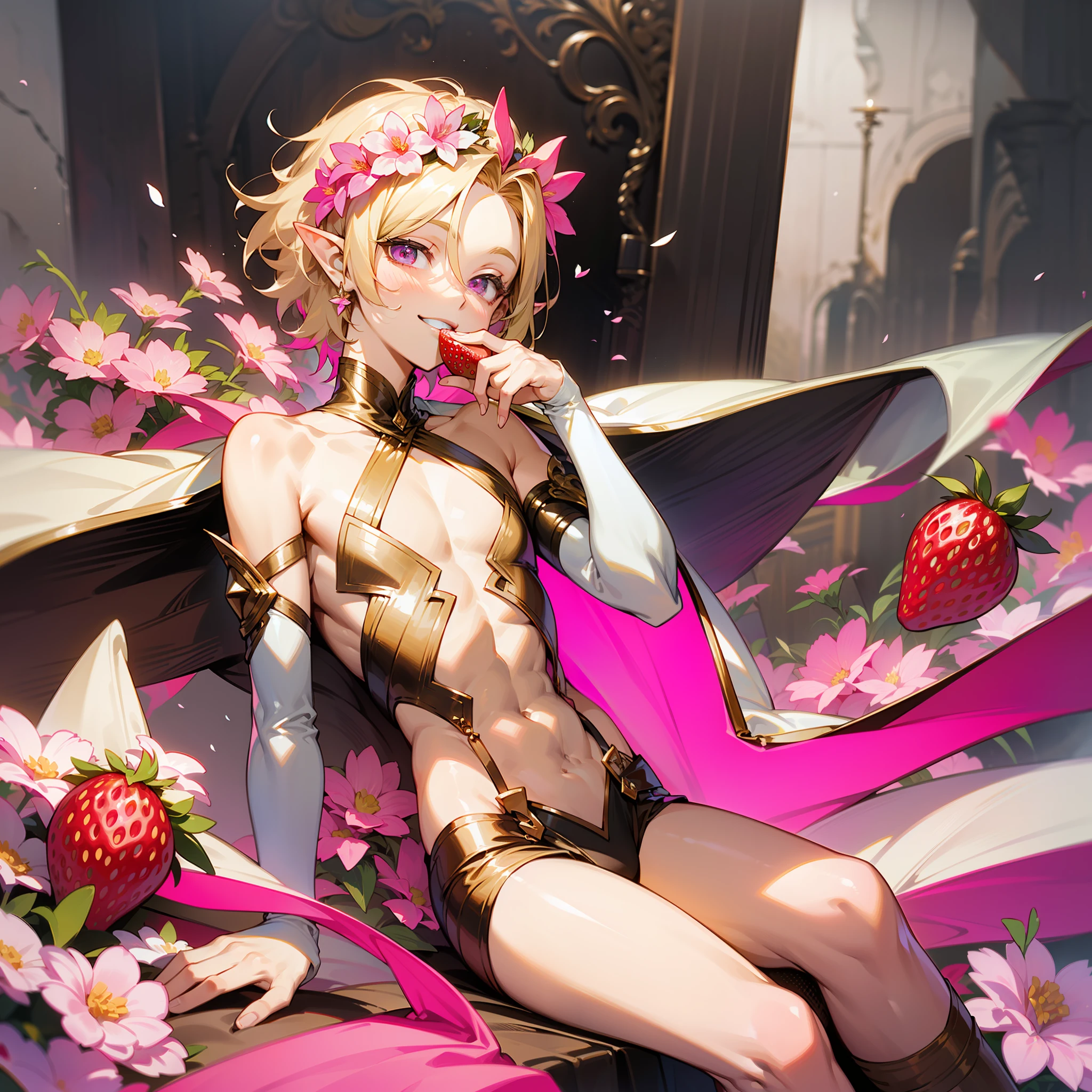 young man, twink, (((male))), (((man))), (((one person))), single, solo, (((very light blonde hair))), (((pink colored eyes))), (medium short hair), (chin-length hair), wavy hair, slim body, ((flat chest)), (((fantasy style))), (((wearing flowers in his hair))), flowercrown, ((pointy ears)), (((light pink colored eyes))), smooth skin, bare legs, (((wearing fantasy clothes))), smiling, (eating strawberries)