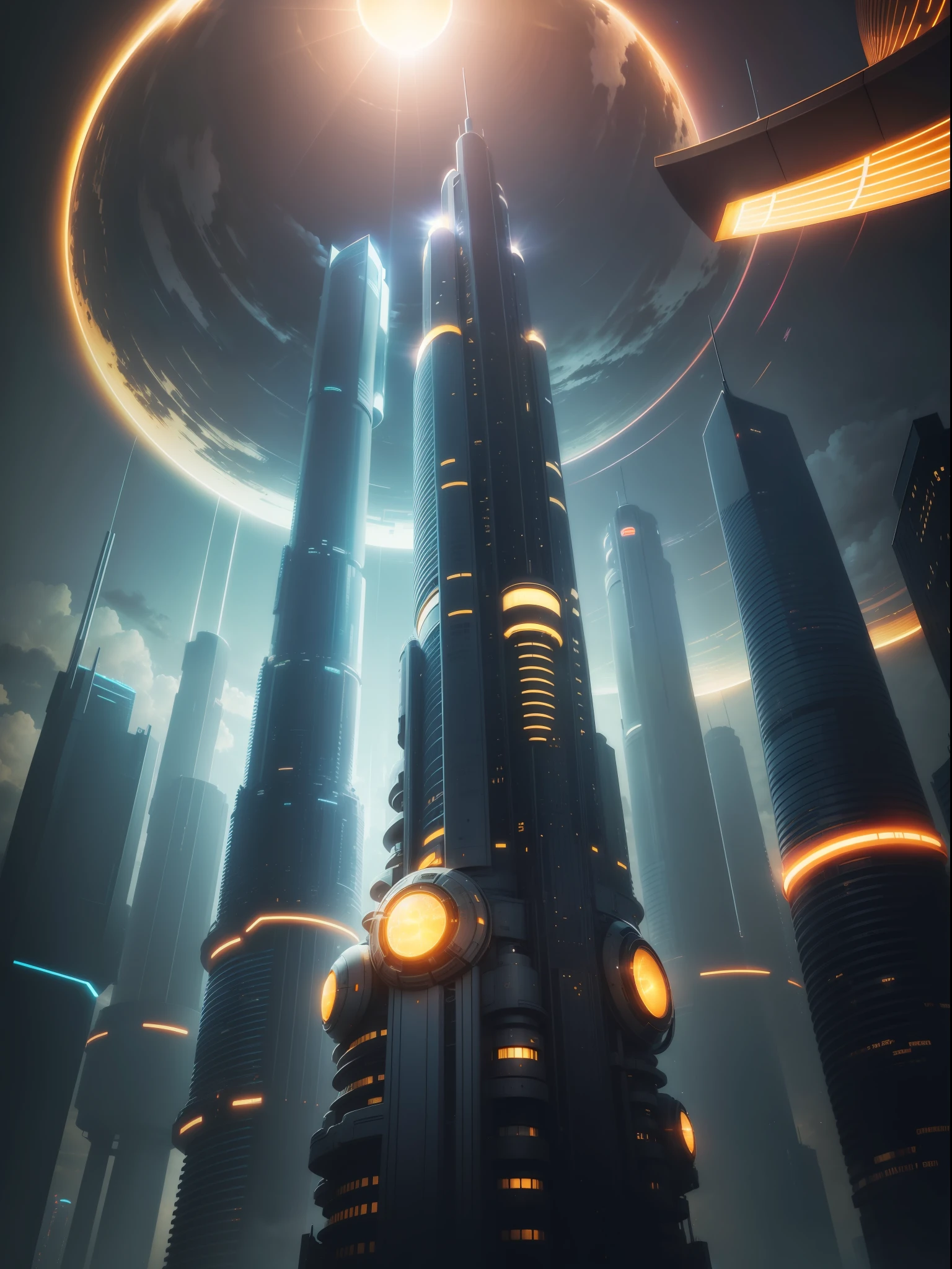 Futuristic buildings lit up、Sun in the upper right、The World in 2050、Cylindrical building floating in the air