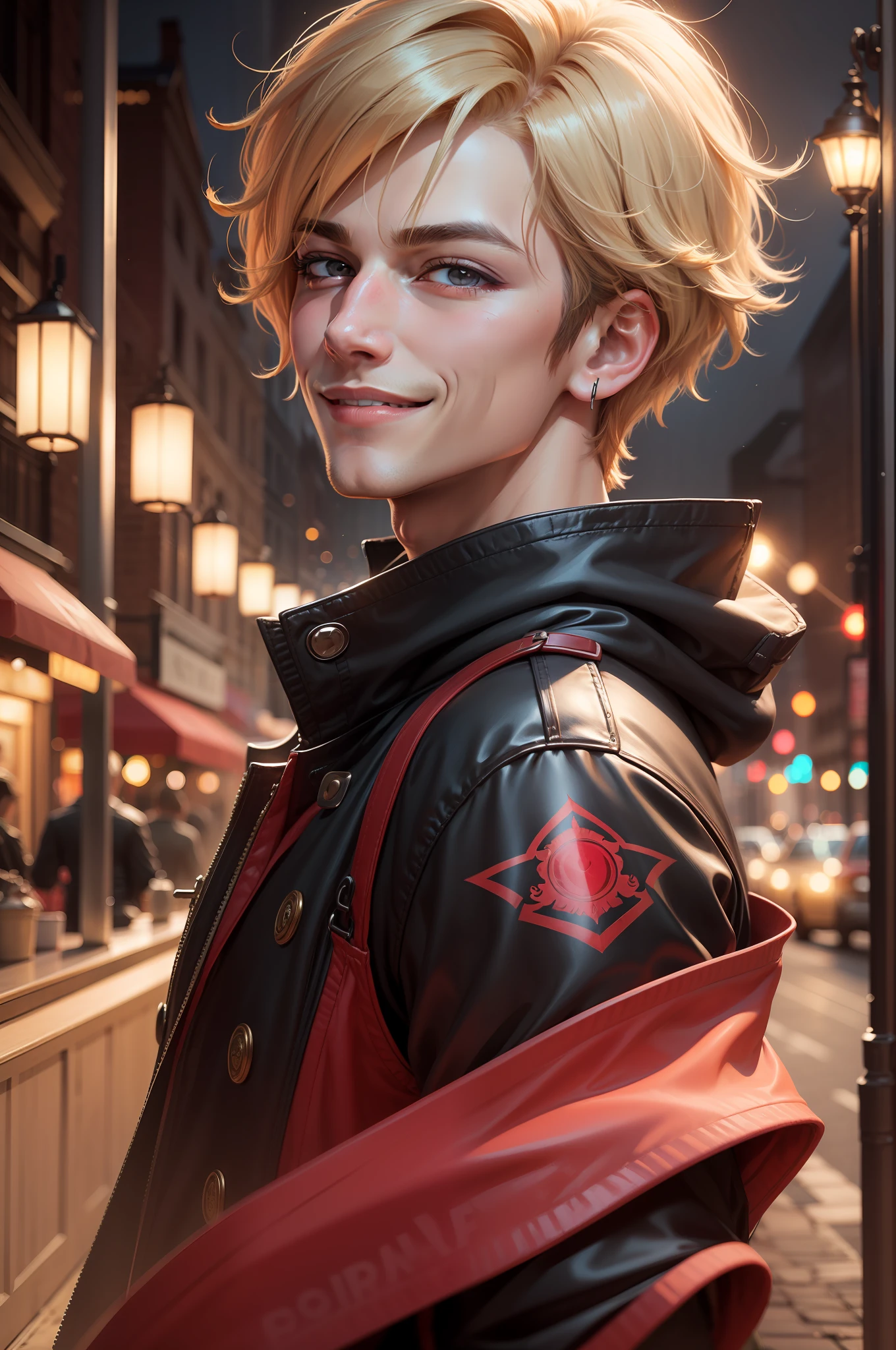 Handsome boy smiling red in one eye