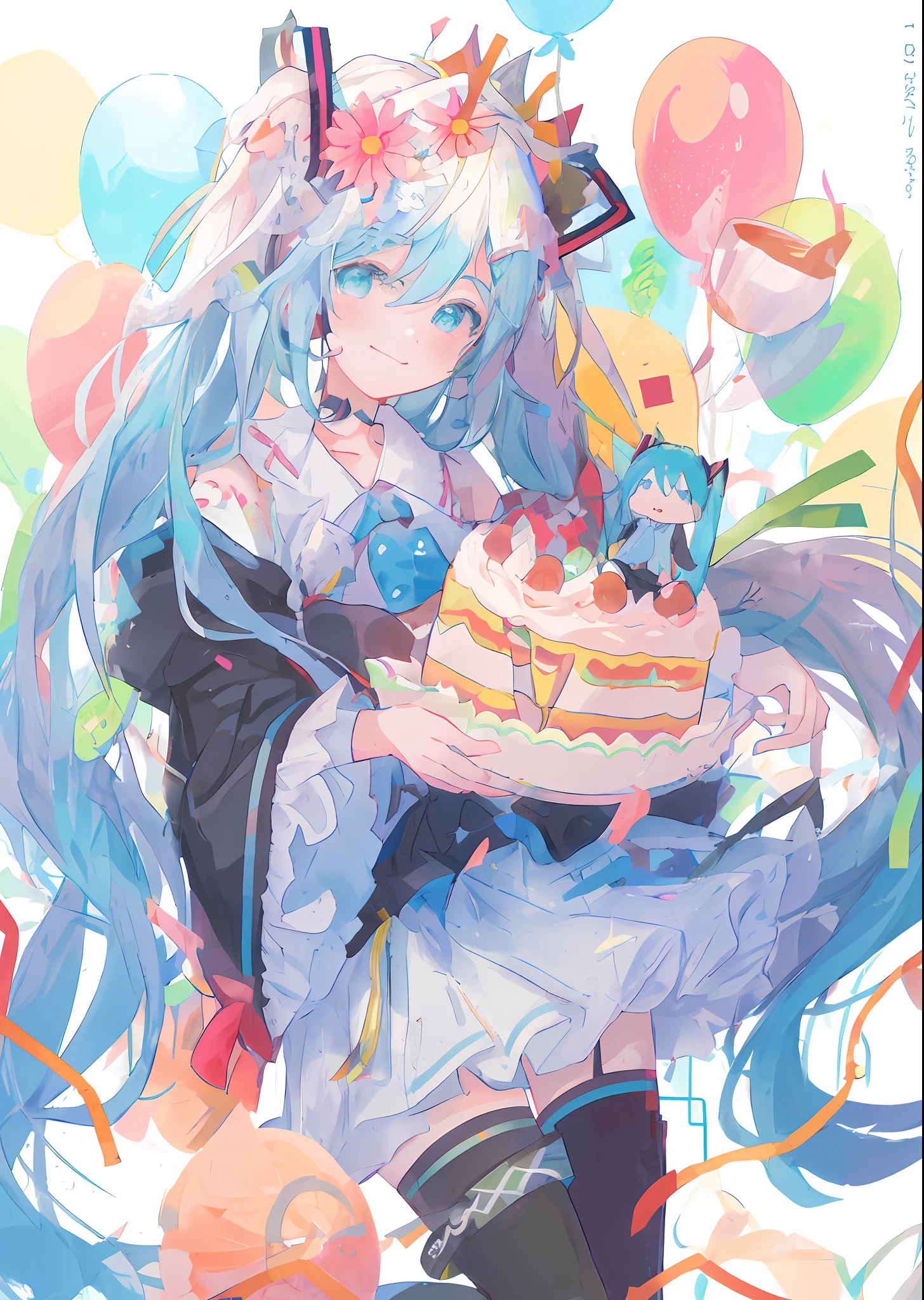 Anime girl with cake and balloon in background, Pisif Contest Champion, Pisif, Digital art on Pisif , Pisif style, Pisif daily ranking, cheerfulness!!!, Hatsune Miku, mikudayo, Anime girl with teal hair, trend in pixiv, at pixiv, Popular on Pisif, Anime art wallpaper 8 K, Rem Rezero
