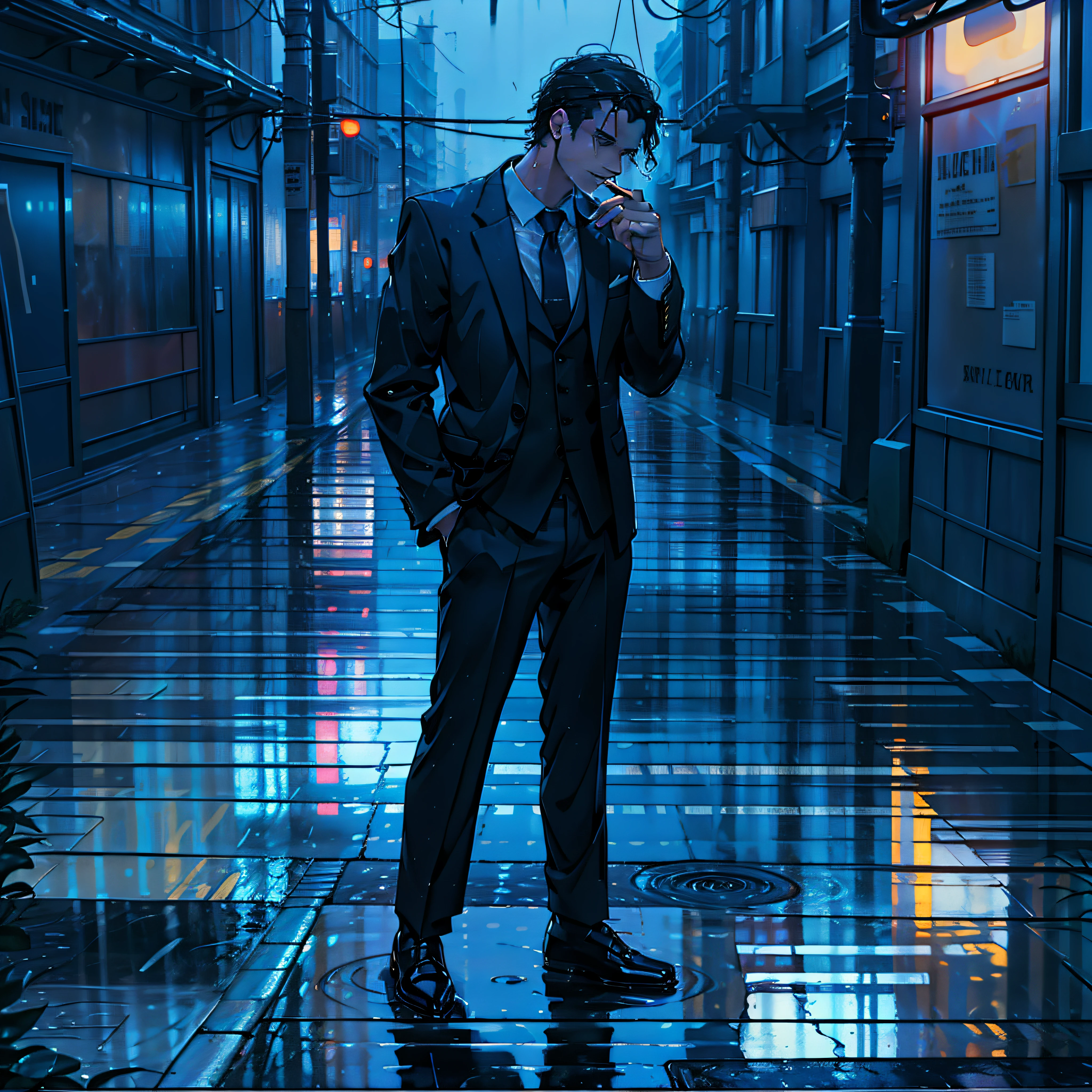 (a masterpiece), exceptional quality, in the rain, lonely, man in suit smoking (cigarette), looking up, slightly wet floor, reflection, neons." → "(a masterpiece), exceptional quality, in the rain, lonely, man in suit smoking (cigarette), looking up, slightly wet floor, reflection, neons:1.3".