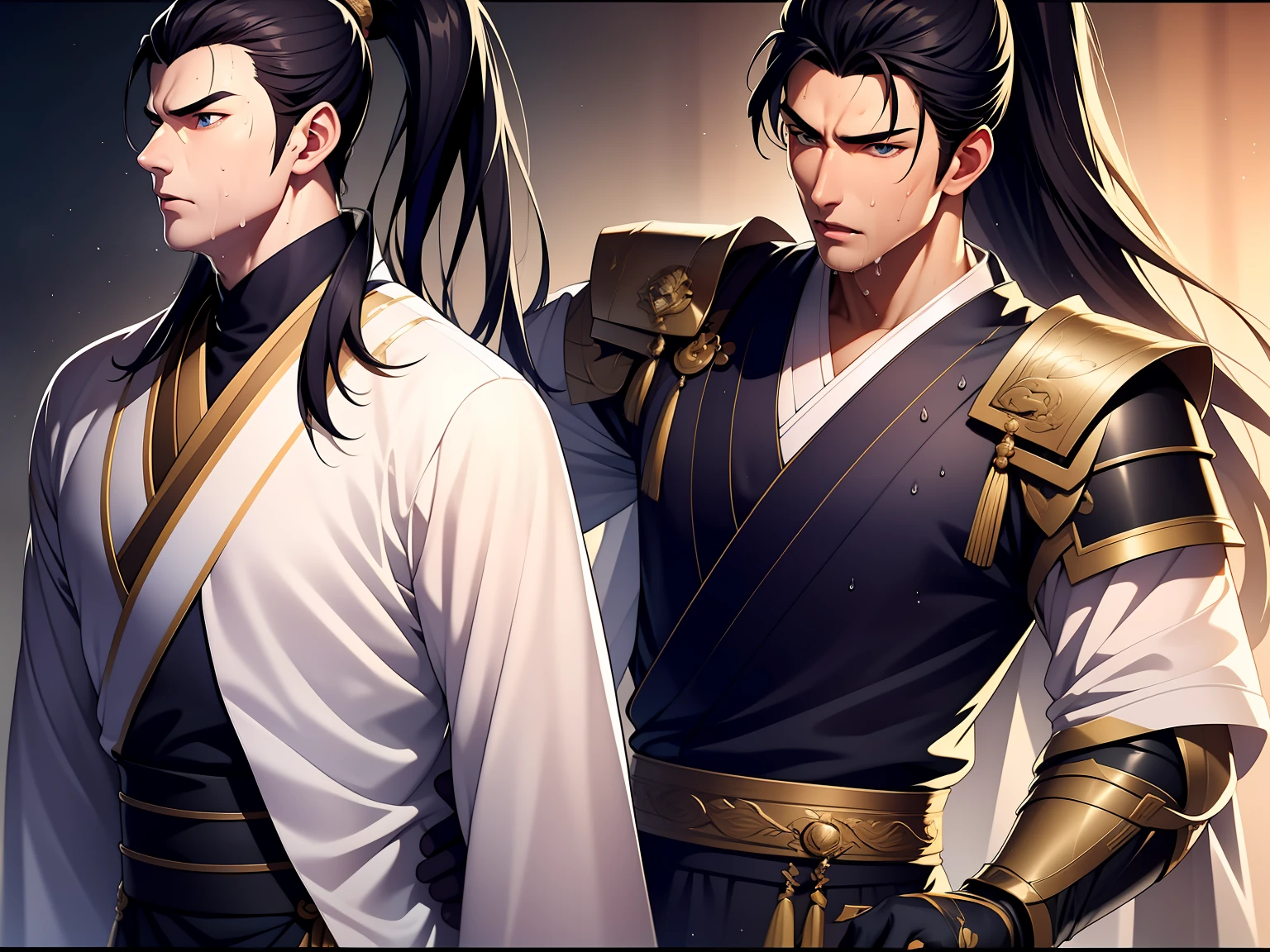 quadratic element，style of anime，mtu（Male Warrior），closeup of face，musculature，The proportions are correct，Face details，swordsmen，High ponytail hairstyle，perspired，Sweat on the face，drools，Neck details，There is an Adam's apple，Get wet，Drenched，Hanfu costume，kaftan，Embroidered robes，Robes，clothes details，Handing over，longer sleeves，Game quality，Swordsmanship，Light and shadow tracking，Ray traching，detailed glow，cg render，hair detail，eBlue eyes（eyes glowing），cabelos preto e longos，Golden eyes，Sweat on the face，Handsome，Handsome，Beads of sweat slipped down my neck，（juvenile sense），Clothing is complicated，Drenched，Get wet，Perfectcomposition，Refinement，high qulity，higher details，Lots of details，The background is complex，a sense of atmosphere，facial closeups，