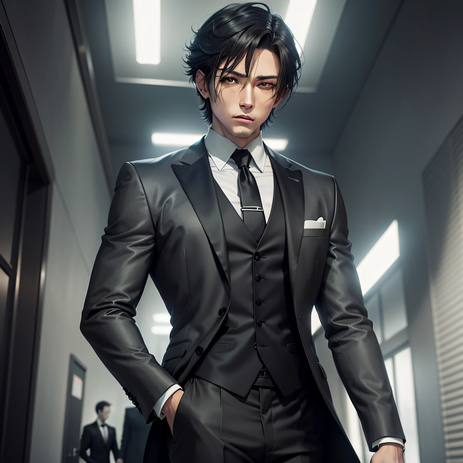 Anime characters wearing gray suits and black ties, male anime character, Amber eyes, handsome，Old，black color hair，White pick dye，solo person