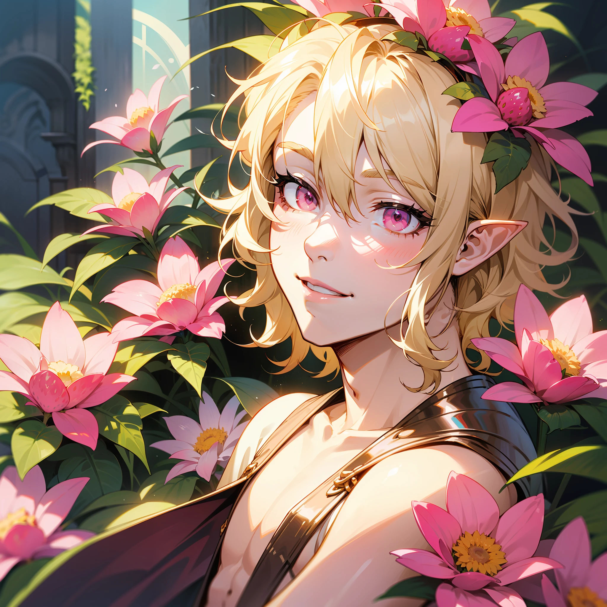 young man, twink, (((male))), (((man))), (((one person))), single, solo, (((very light blonde hair))), (((pink colored eyes))), (medium short hair), (chin-length hair), wavy hair, slim body, ((flat chest)), (((fantasy style))), (((wearing flowers in his hair))), flowercrown, ((pointy ears)), (((light pink colored eyes))), smooth skin, (((wearing fantasy clothes))), smiling, (eating a strawberry)