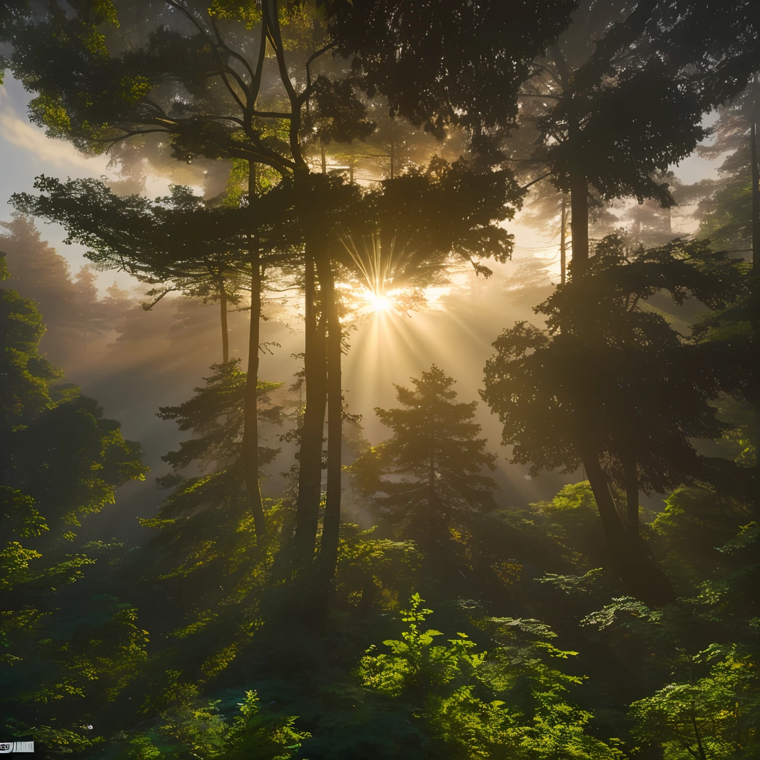 （Ultra-wide-angle top-down lens：1.4），ln the forest，the setting sun，surrounded by cloud，gigantic trees，Sunlight shines through the clouds over the forest，There is a hazy layer of golden light，(Photorealistic:1.4), (Masterpiece, side-lighting,), Photorealsitic， Solo, embarressed, (midriff),（super-fine），Detailed pubic hair，Accurate，（Works of masters），（best qualtiy），8K分辨率，dynamic viewing angle，