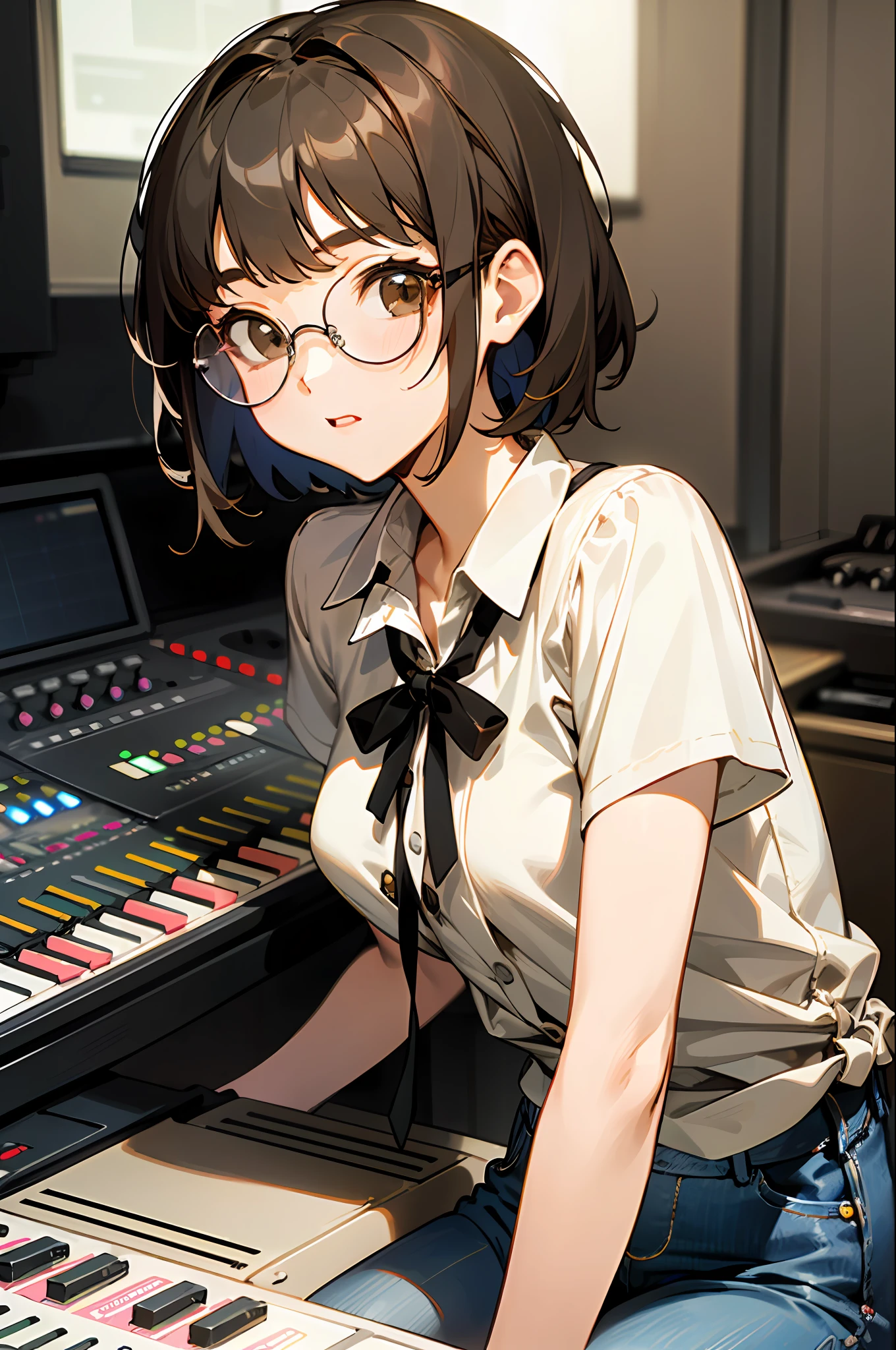 (1 16-year-old girl、A dark-haired、short-hair、straight haired、bow ribbon、Light brown eyes、Black glasses、small tits、cute  face)、short sleeved shirt、jeans、microphone、Mixing Console、​masterpiece、top-quality