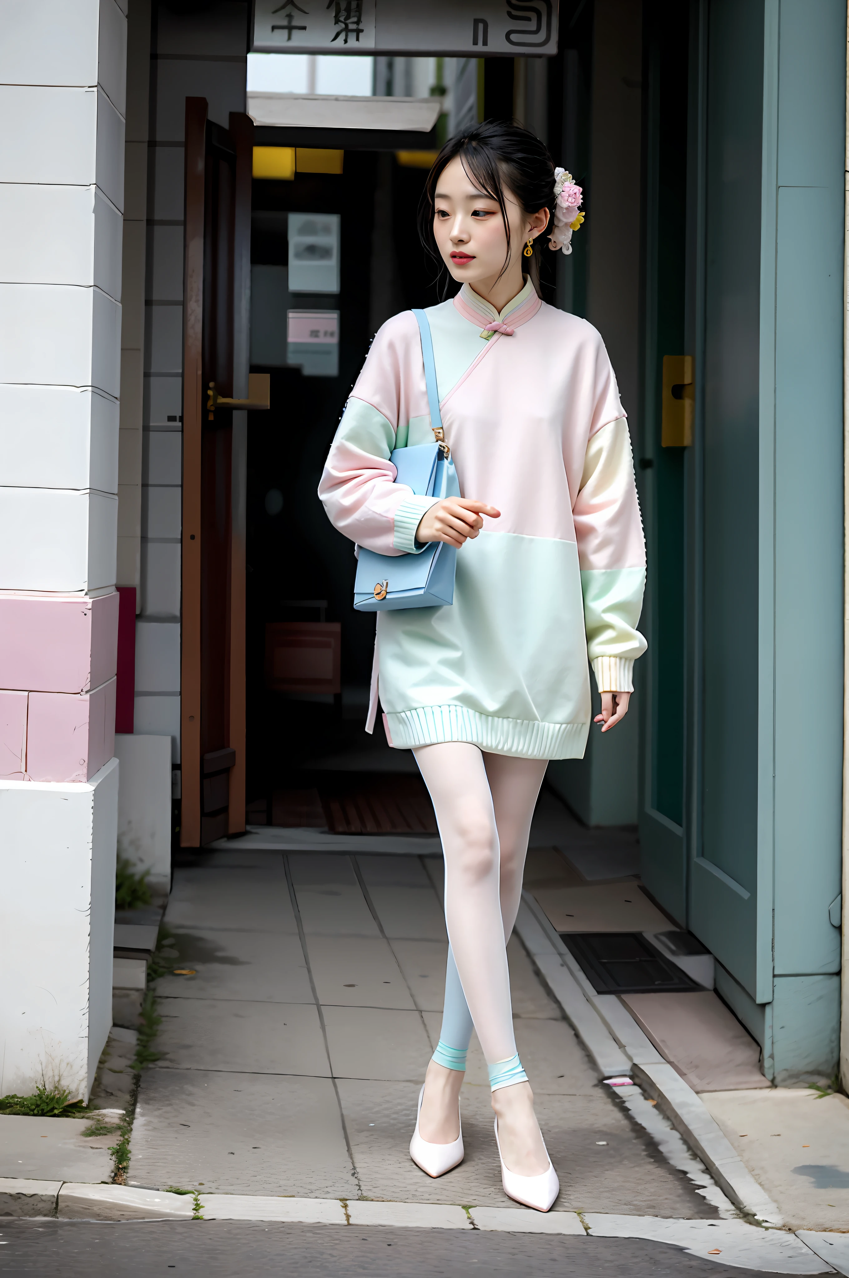 Chinese woman with pastel colors, Only pastel colors, in pastel shades, lots of pastel colour, feminine in pastel shades, Pastel colors, feminine in cute pastel shades, Pastel tones, intricate outfits, Very nice pastel colors, in pastel shades, Pastel style, pastelcolor, Pastel color, Tights; On the street, in pastel shades,Flat pointed toe