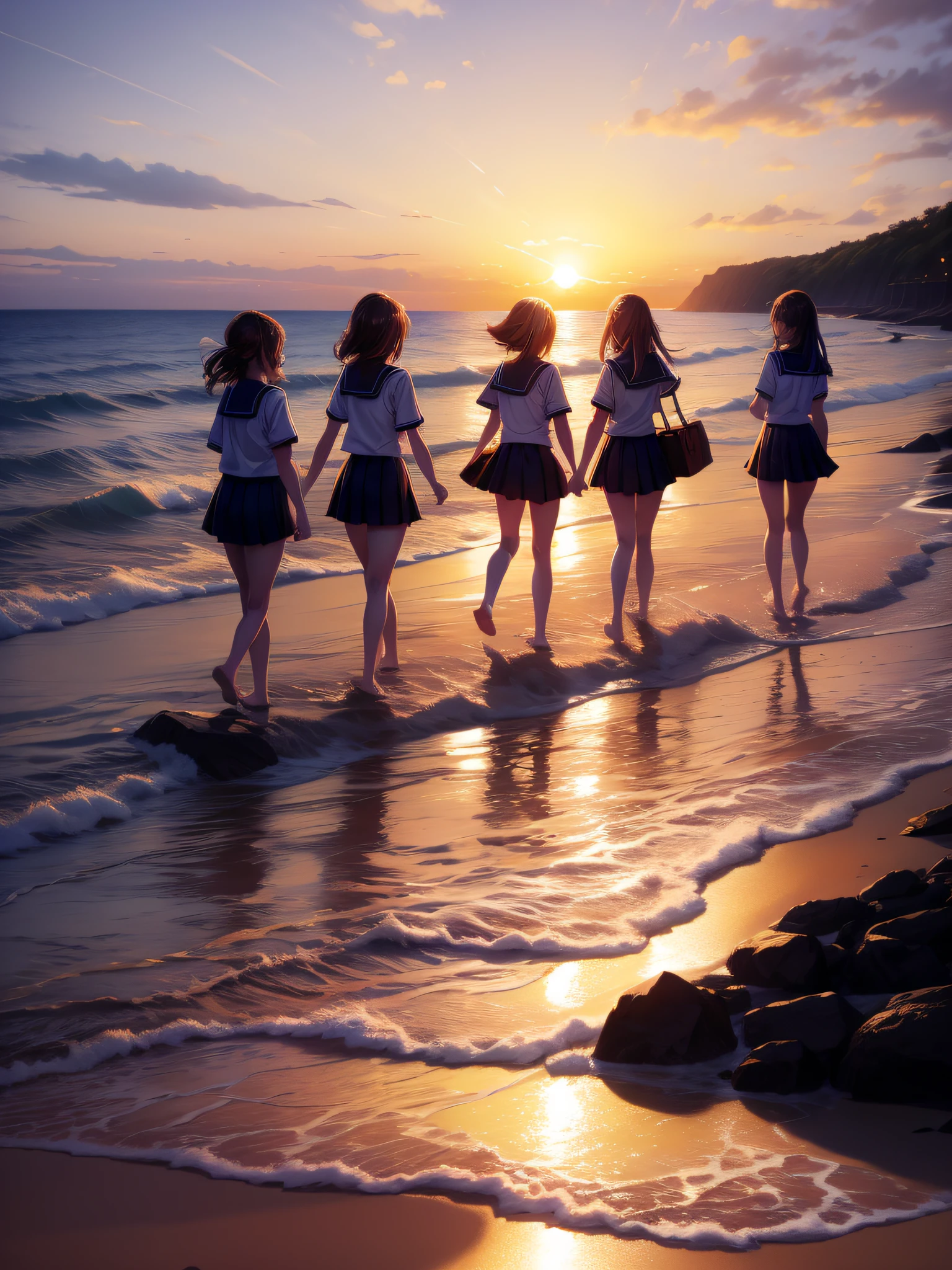 Sunset on beach with group of schoolgirls happily walking on sand, Group of female students walking happily、sunset kanagawa prefecture, sunset photo, sunset at the beach, Sunset!!!, sunset at the beach, evening sun, Sunset beach, Evening glow, it is sunset, taken with a pentax k1000, Solar sunset, nice sunset, at beach at sunset, Sunrise, Sunset thinning