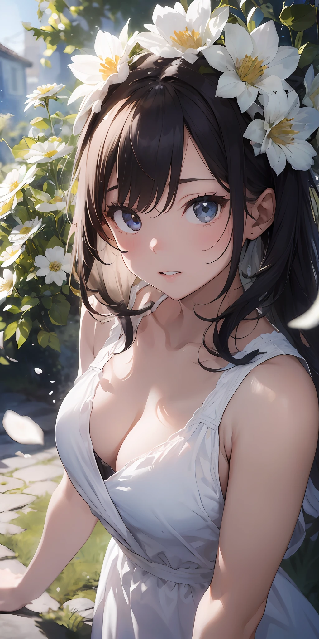 (masterpiece, best quality:1.6), white dress, thighs, beautiful girl, (flowers, many small white petals:1.3), garden, blue sky, looking at viewer, small waist, official art, raw photo, incredibly absurdres, facelight, dynamic lighting, cinematic lighting, ultra realistic, highres, photography, sharp focus, highest detailed, extreme detailed, ultra detailed, finely detail, extremely detailed eyes and face