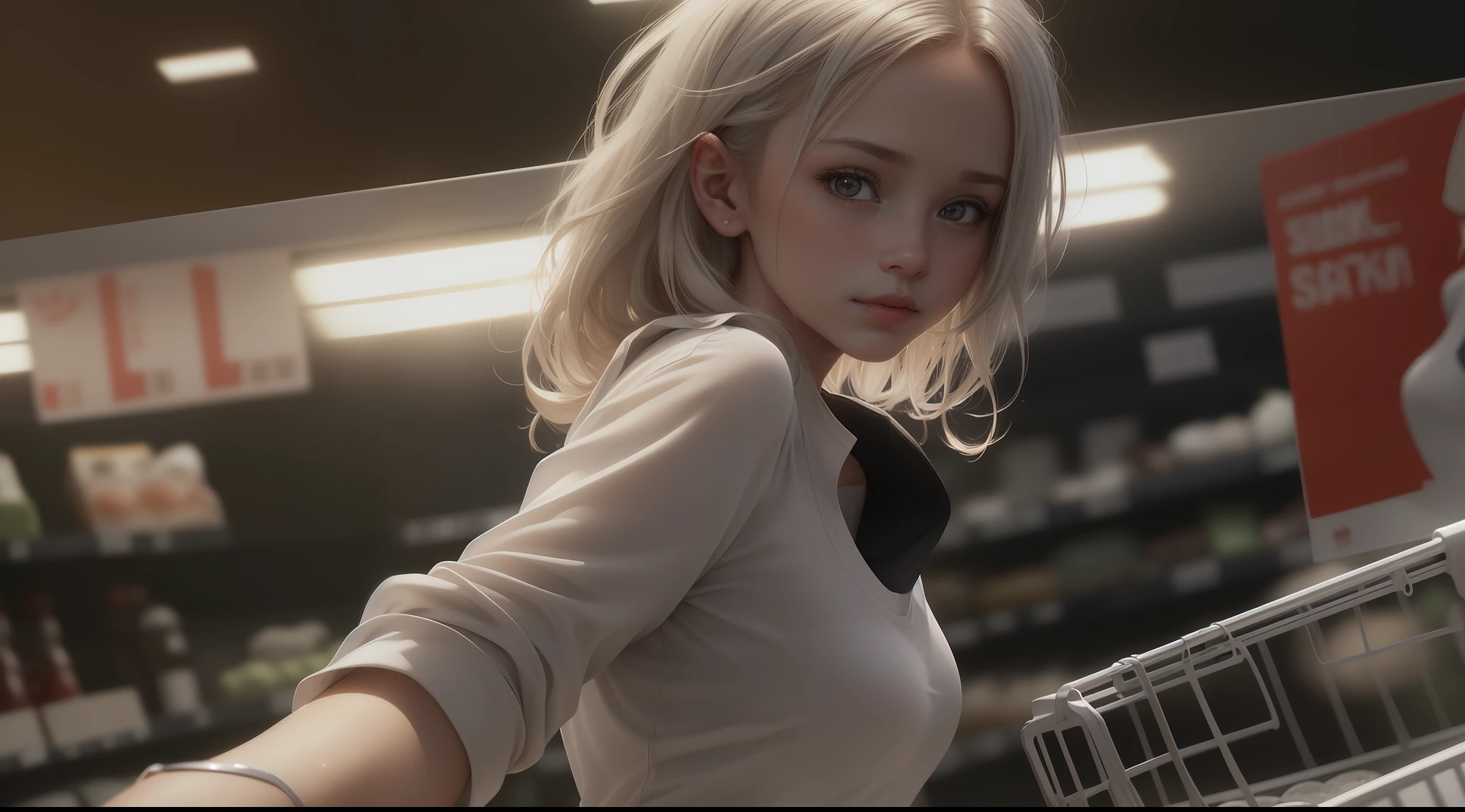 1girl, (at supermarket:1.2), ((white shirt:1.2)), RAW photo, (photorealistic:1.37, realistic), highly detailed CG unified 8K wallpapers, looking at viewer, (((straight from front))), (HQ skin:1.8, shiny skin), 8k uhd, dslr, soft lighting, high quality, film grain, Fujifilm XT3, ((upper body:1.6)), (professional lighting:1.6)