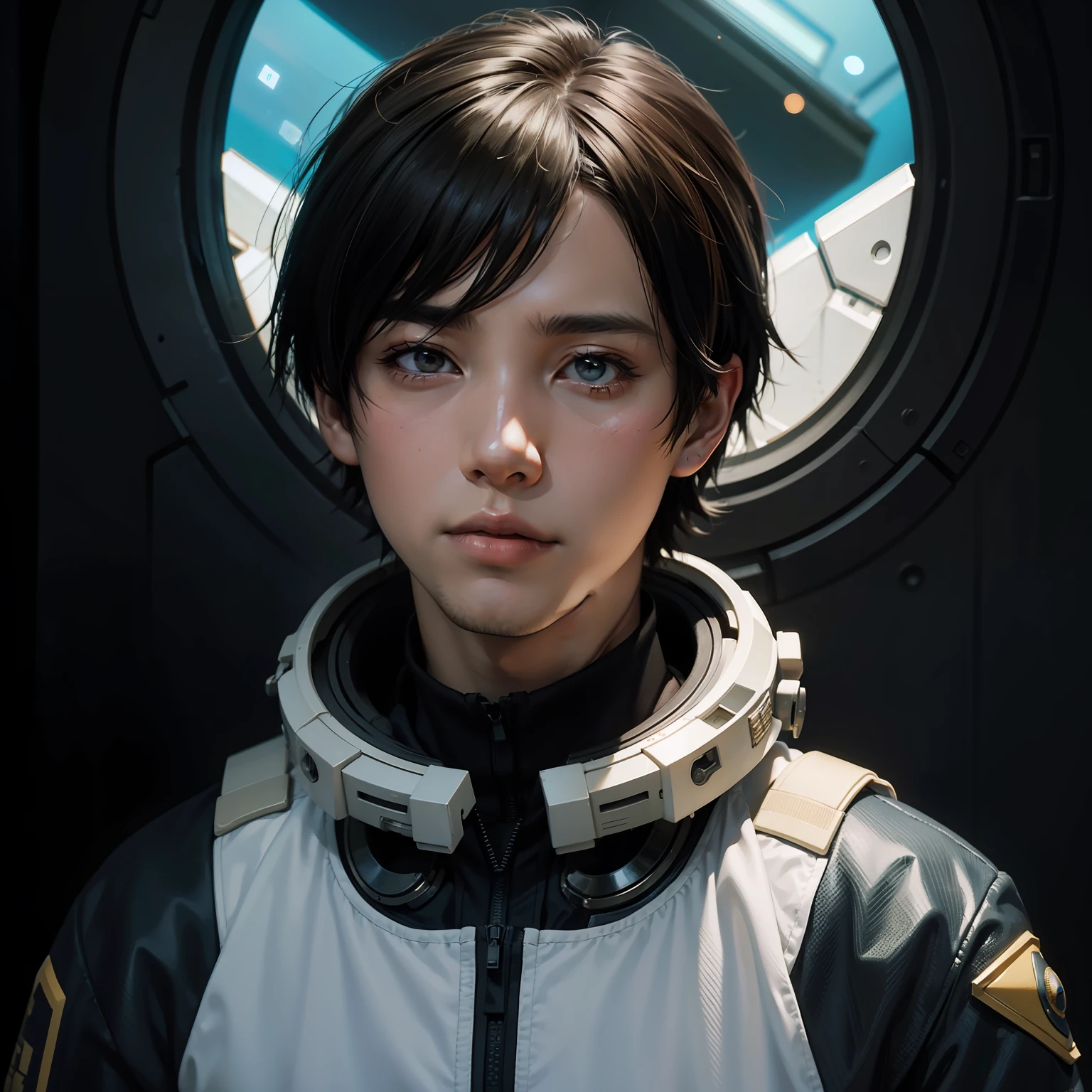 There is a boy in a spacesuit posing for a photo, Rendu portrait 8k, Oriental boy，Portrait anime space cadet boy, Soft portrait shot 8 K, wojtek fus, ultra realistic concept art, closeup character portrait, Realistic art style, Portrait of a handsome sci-fi boy, Realistic anime boy rendering, Unreal 5. RPG portrait, Makoto Shinkai ( apex legends )