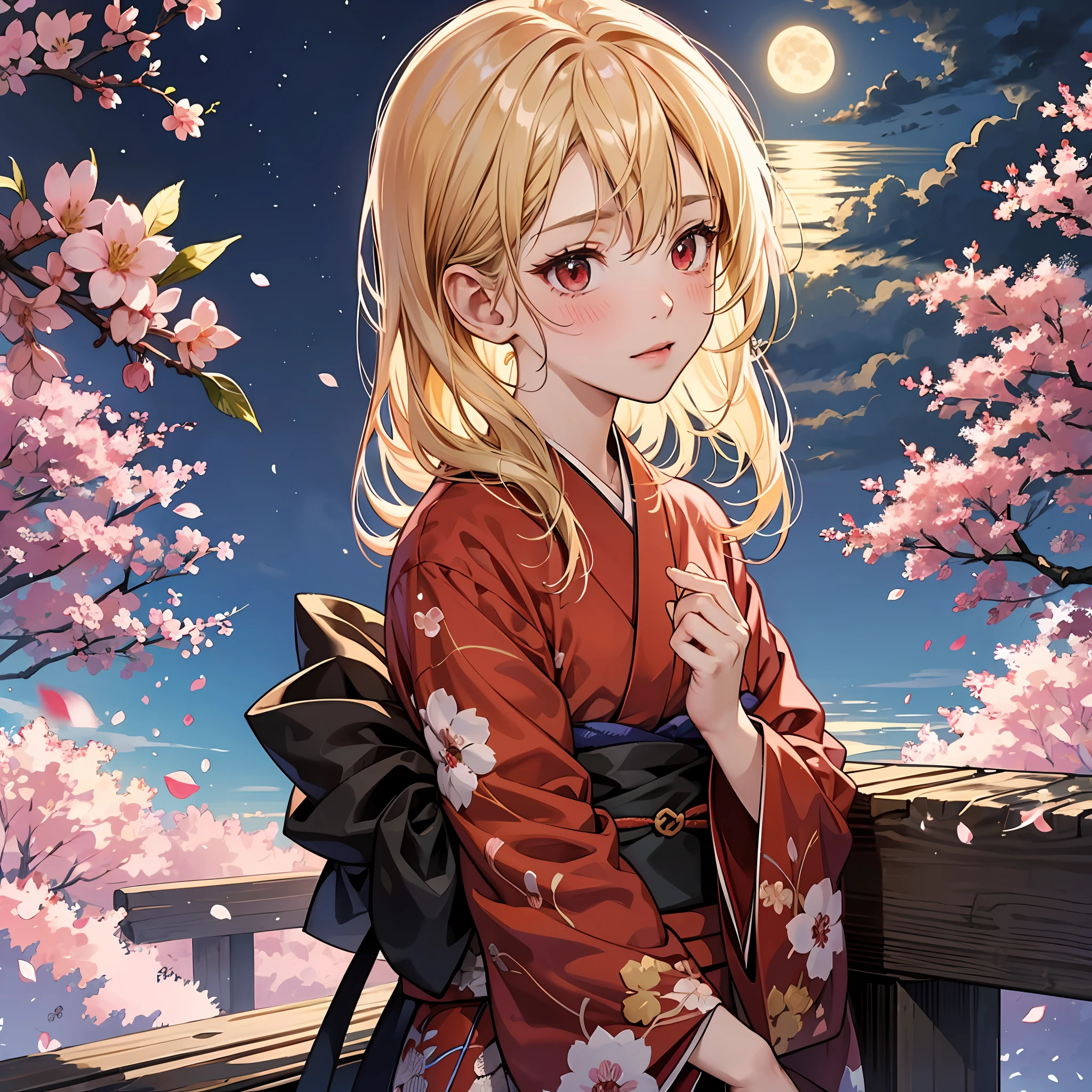 red blush、a blond、red eyes、Beautiful girl alone、animesque、独奏、Kimono、lonely、cherry trees、natta、a moon --auto