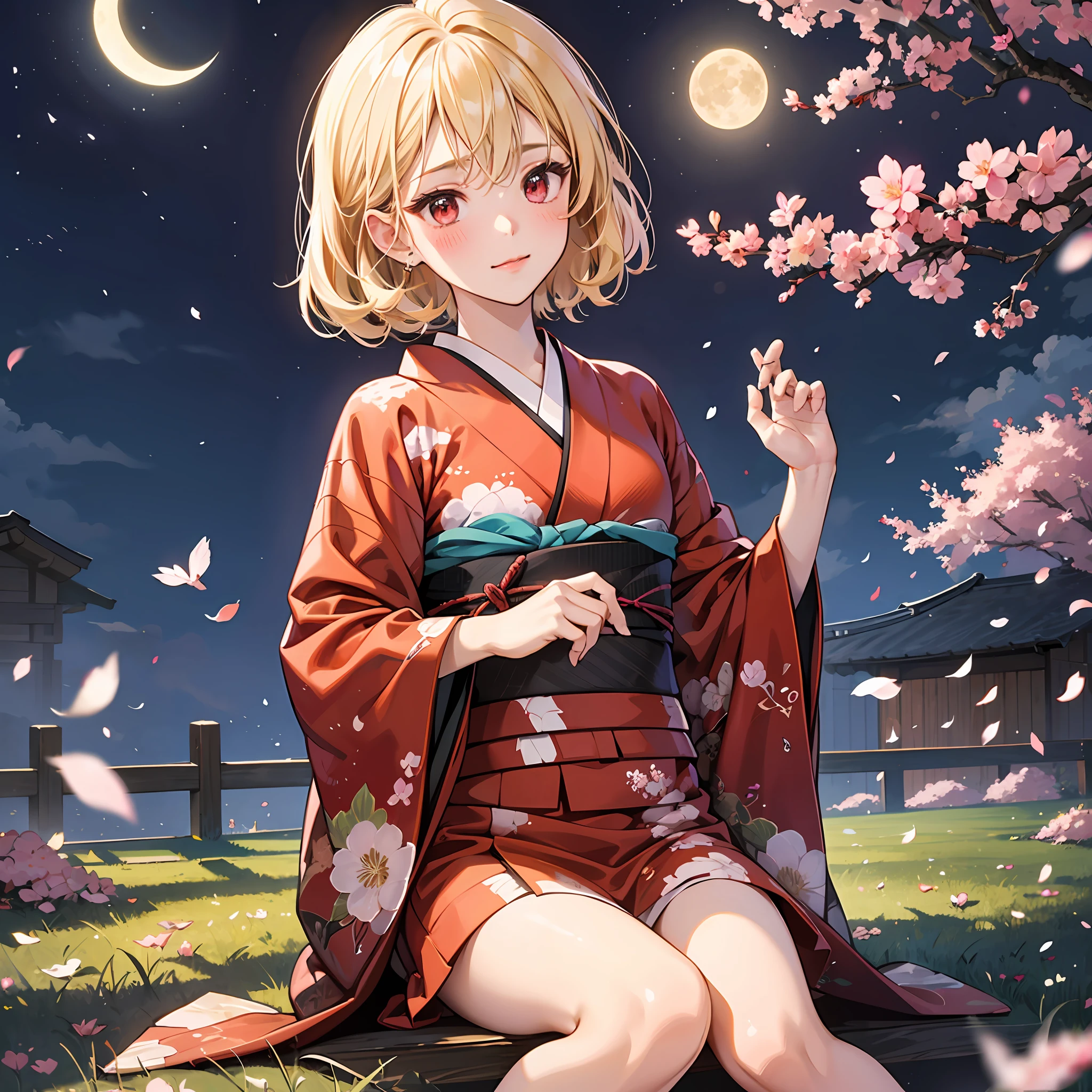 red blush、a blond、red eyes、Beautiful girl alone、animesque、独奏、Kimono、lonely、cherry trees、natta、a moon --auto