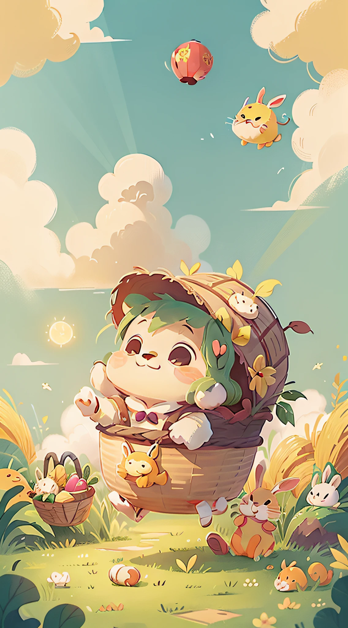 Liqiu solar term illustration style, Cute little bunny, Golden yellow rice background, White clouds float in the sky, The little rabbit smiled into a line, It contained a basket filled with fresh rice