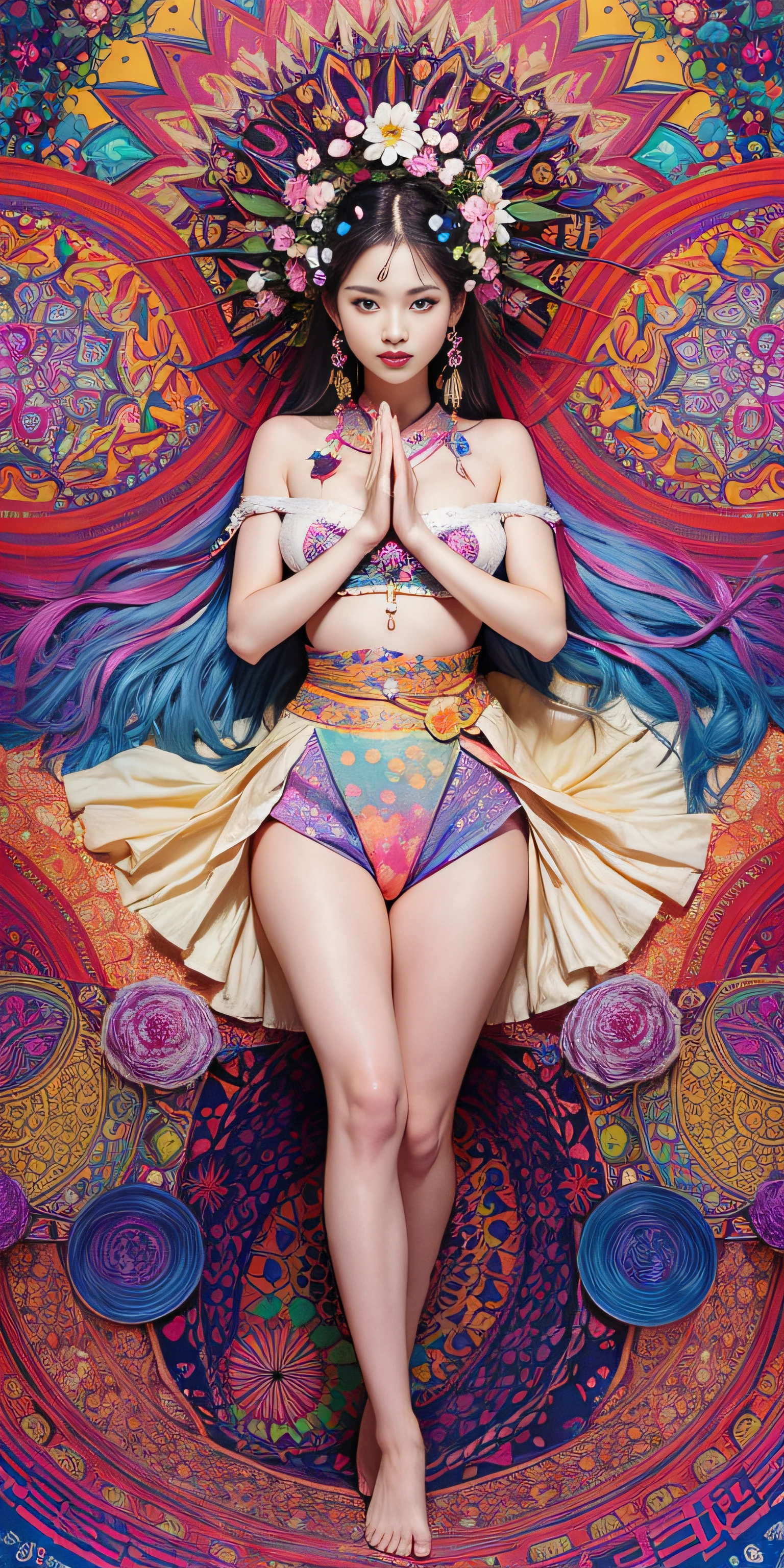 masterpiece,best quality,absurdres, highres, ultra detailed, 1girl, kaleidoscopic imagery, symmetrical patterns, vibrant colors, geometric shapes, mesmerizing designs, optical illusions, dynamic composition, pantomime art, expressive body language, silent storytelling, evocative gestures, visual narratives, theatrical performances, blooming flowers, colorful petals, fragrant scents, nature's bounty, vibrant gardens, peaceful scenery