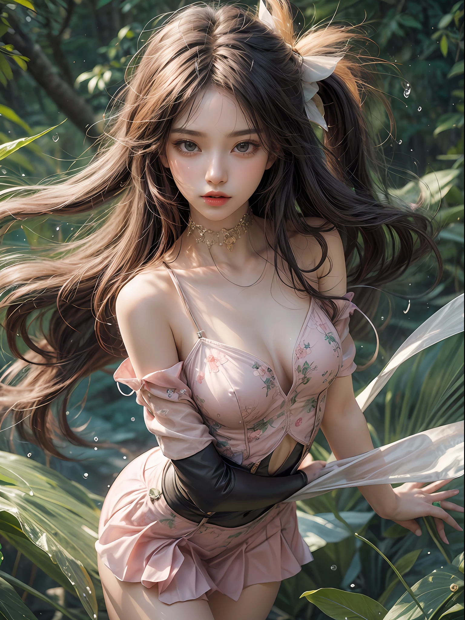 Holding a large see-through stole with pale pink floral pattern with both hands、Swaying in the wind。dark color、shackle、Halter Neck Bodysuit、Rubber Suit Corset、garterbelts、Upper eye、light-colored skin and loose navel skin,,,,,,,,,,,,,,,,,。Skirt flutters in the wind and spreads。Dynamic Posing。Dancing Poses。
Loose clothing shows shoulders。Very beautiful girl at 19 years old。
Hair swaying in the wind。 masutepiece、Best Photoreal、portlate、Sheer clothing、wetted skin、Wet hair、Sexy look、Functional、Bewitching、Clothes with an open back、Oblique composition、Waterfall in the forest、Big hair ornament、Medium chest、Navel Ejection、Shiny knee-high socks、Bold open chest clothes、、hair adornments、