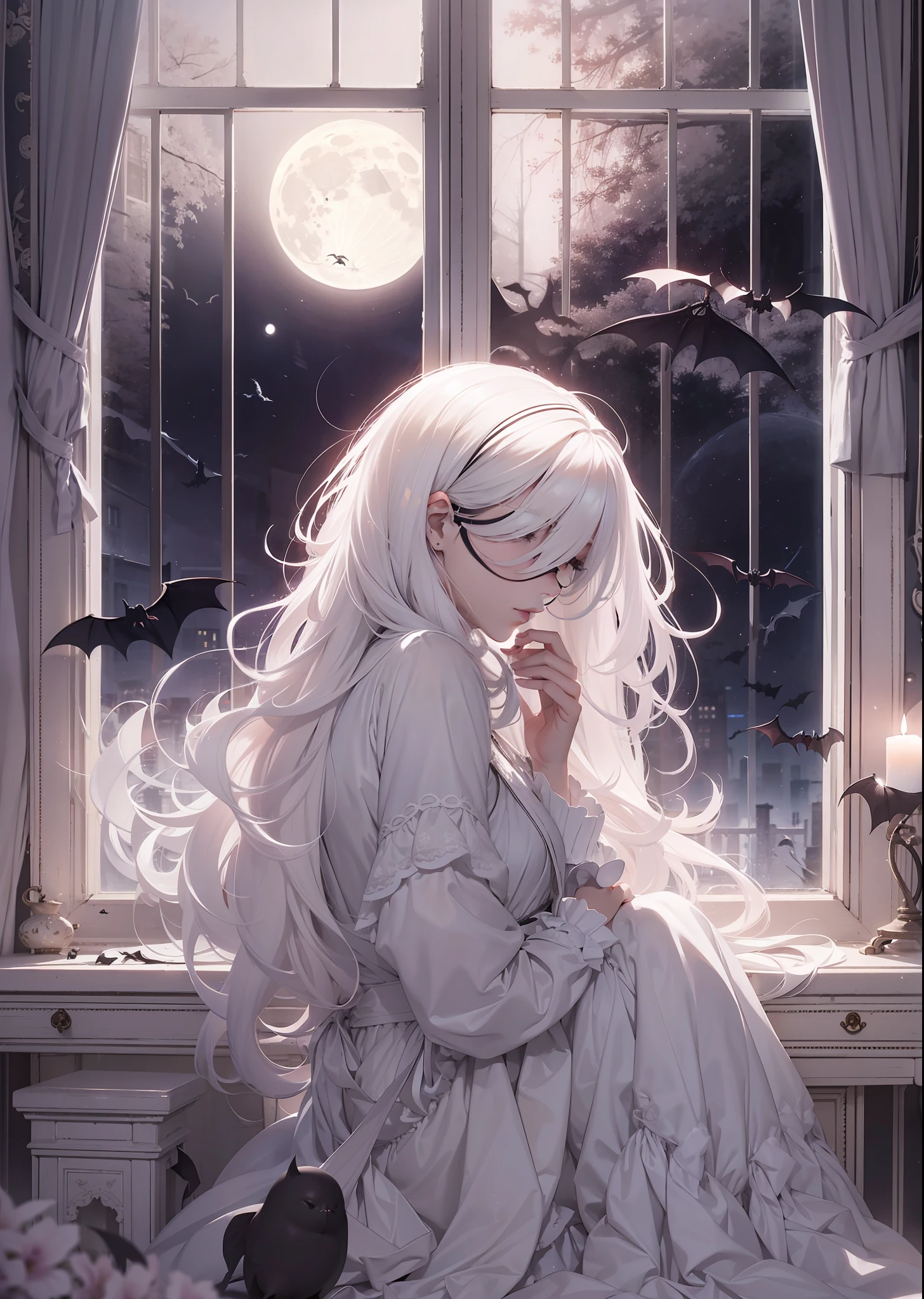 one-girl,Blindness,Blindfold,white color hair,long whitr hair,The skin is pale,white dresses,Sit in front of the window,night scene,themoon,the bats,inside in room,Candle,high qulity,detail-rich