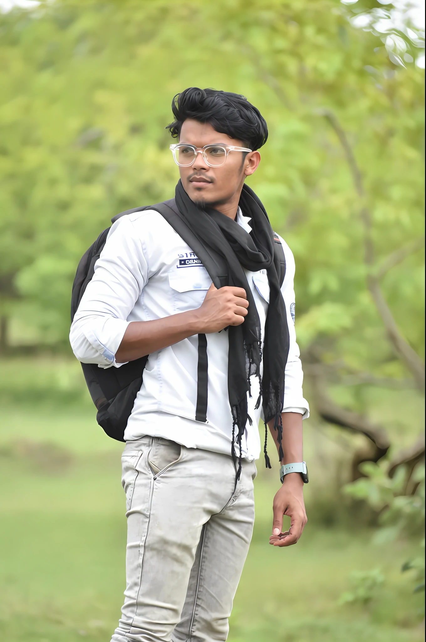 arafed man with a backpack and a scarf standing in a field, casual photography, with lovely look, profile pose, jayison devadas, jayison devadas style, student, stylish pose, with a cool pose, inspired by Bikash Bhattacharjee, with a backpack, taken with canon 8 0 d, casual pose, modeling shoot, candid picture