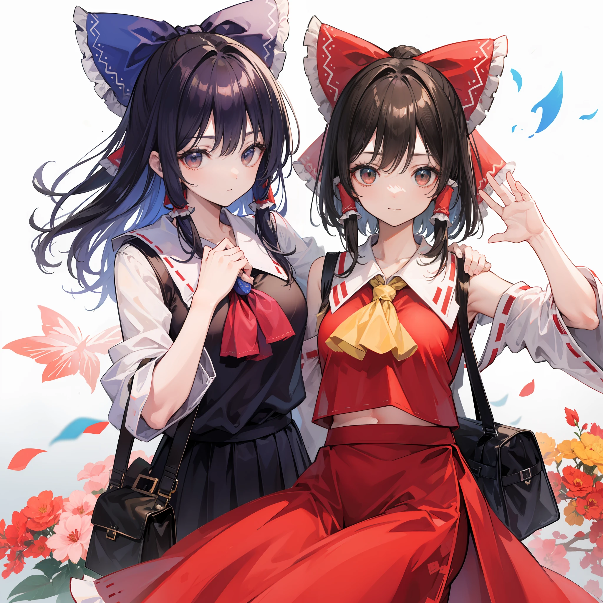 ((Borei Reimu))、((校服))、Longhaire、Waving hands、soft smiling、Carry your bag over your shoulder、School Bag、Mottled light、Background of the latter、(High resolution of the highest quality)、((Masterpiece Highest Quality:1.2))、[[bad face]], [[Fused fingers]], [[Multiple fingers]]