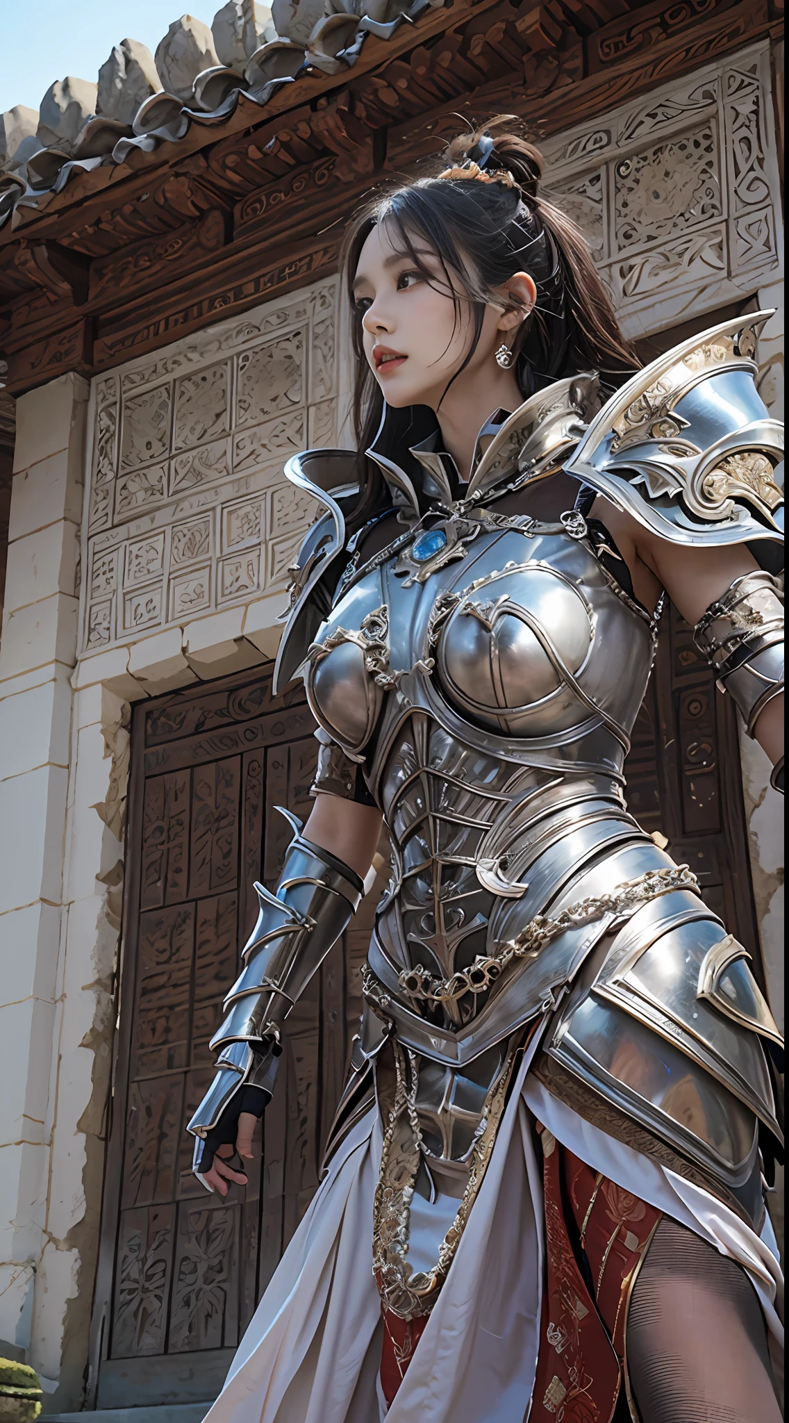 （8K，Best picture quality：1.2），（tmasterpiece：1.37），（photore，realisticlying：1.37），（超高分辨率）， [Chinese|Russian|Japanese|Korean]，A half body，Walking posture，Female paladins dressed in full body，（Light silver armor：1.2），（Ornately decorated armor），（insanely details，blooms：1.5），（Beautiful body，Sally Mann，concept-art，4K），（simulating：1.2），（High- sharpness），（detailedpupils：1.1），detailed faces and eyes， tmasterpiece， best qualtiy， （Highly detailed photo：1.1）， Sharp， （perfect bodies：1.1）， realisticlying， Real Shadow， 3D， （a temple background：1.2），
