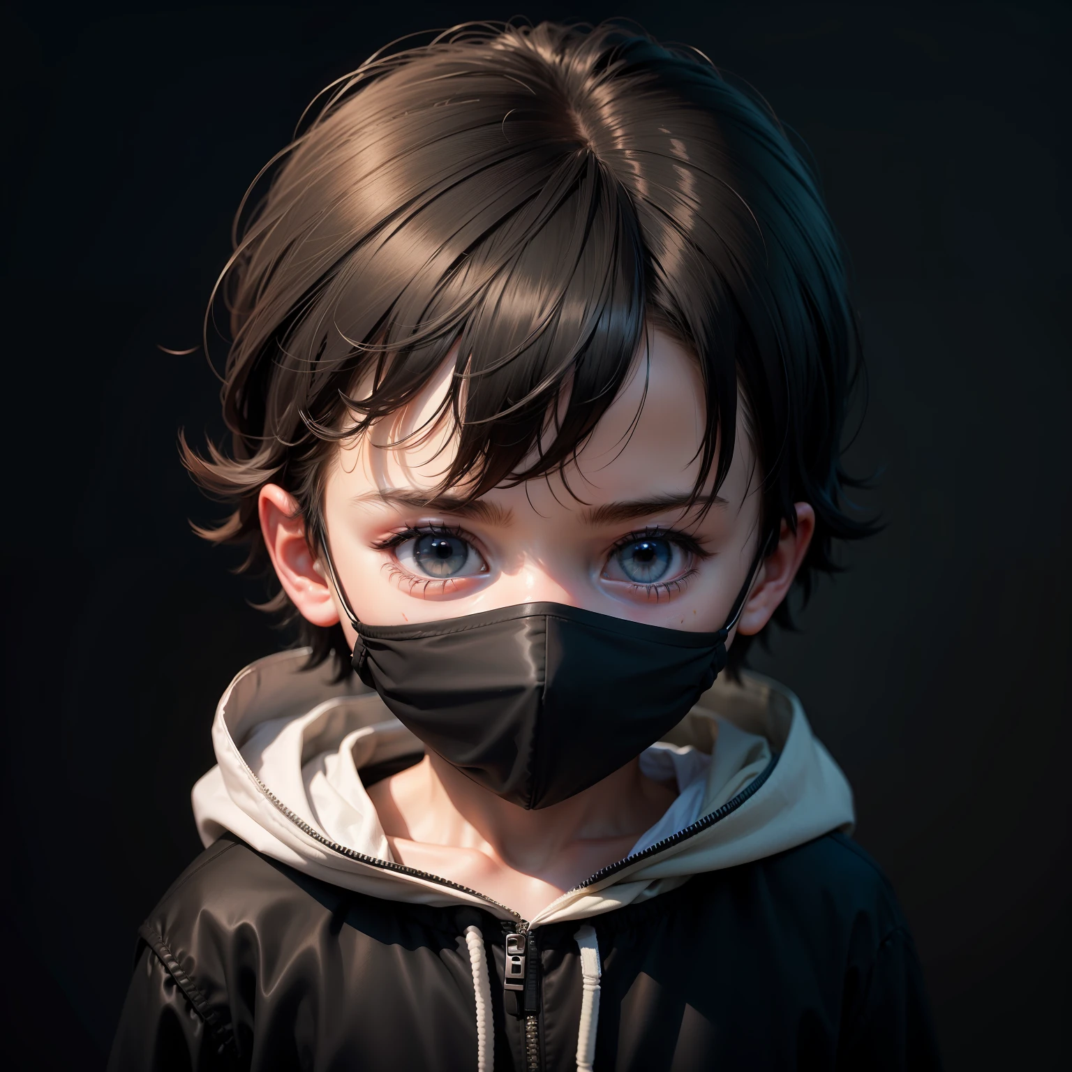 Child man masked on black dark background
