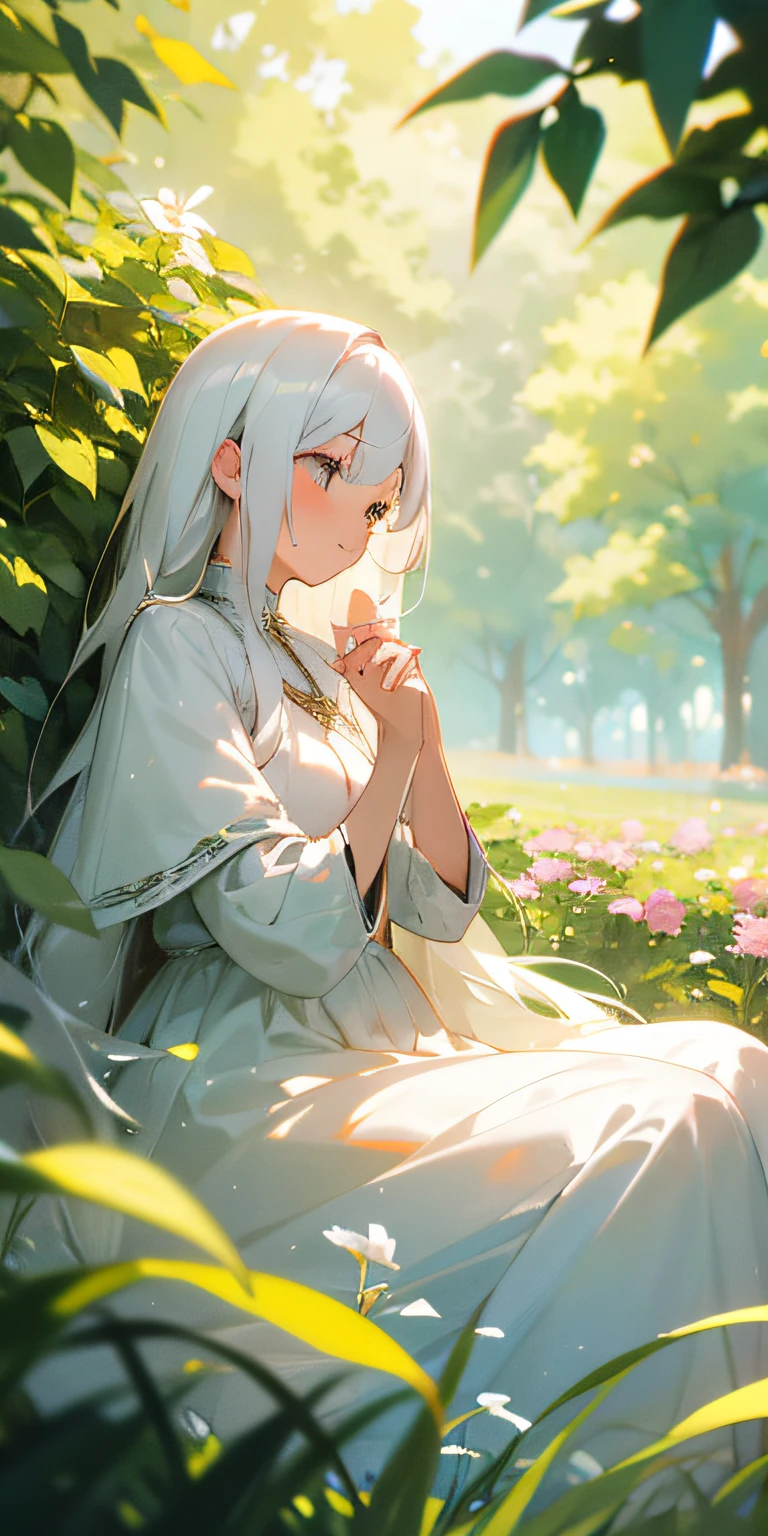 (Masterpiece, best quality), 1 long girl with white hair sitting in a field of greenery and flowers, her hands under her chin, warm light, white dress, blurred foreground --auto