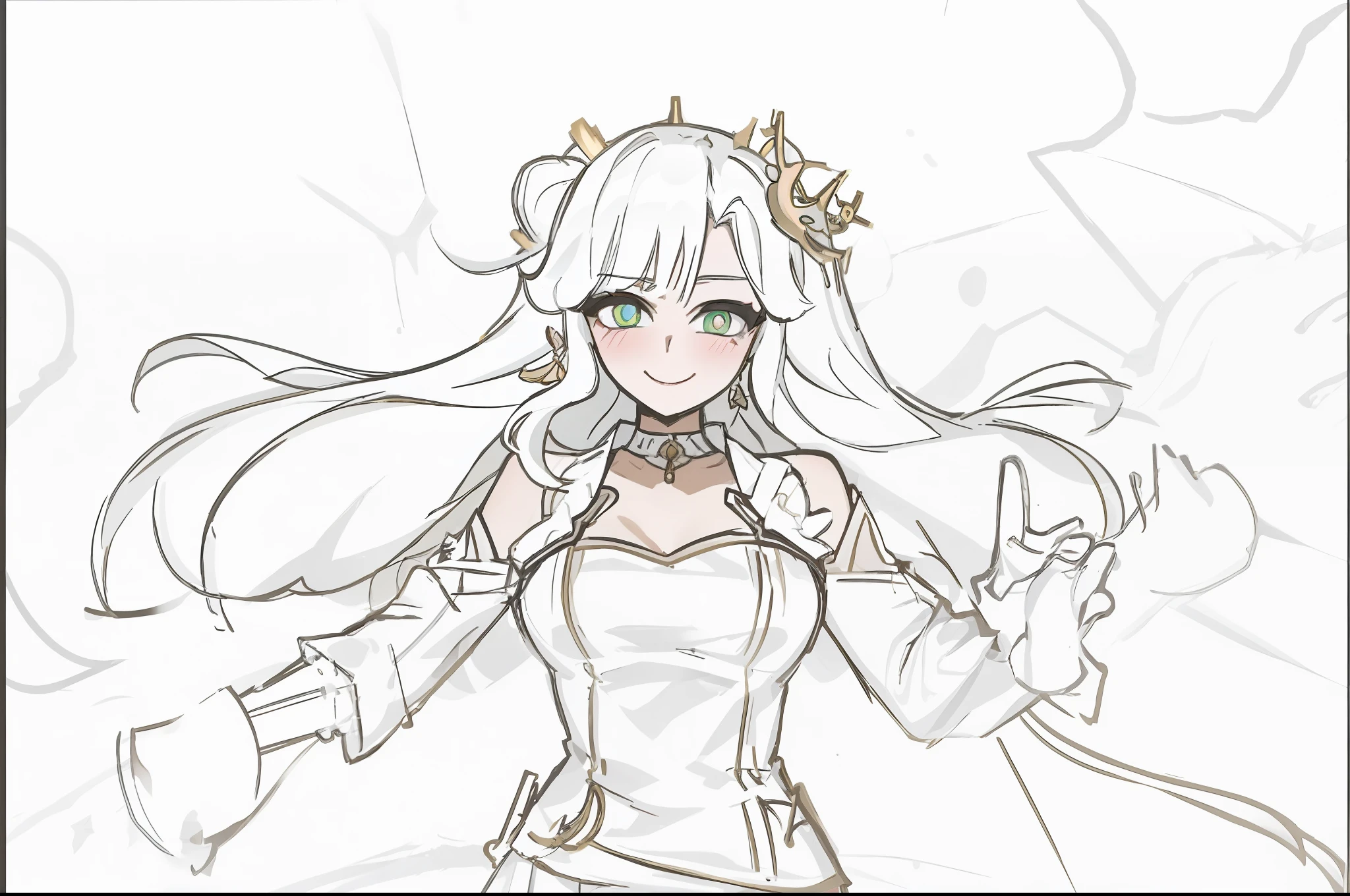 long blonde hair, green pupils, jewelry, blushing, cute, smug, smile, rolling eyes, black earring, miniskirt