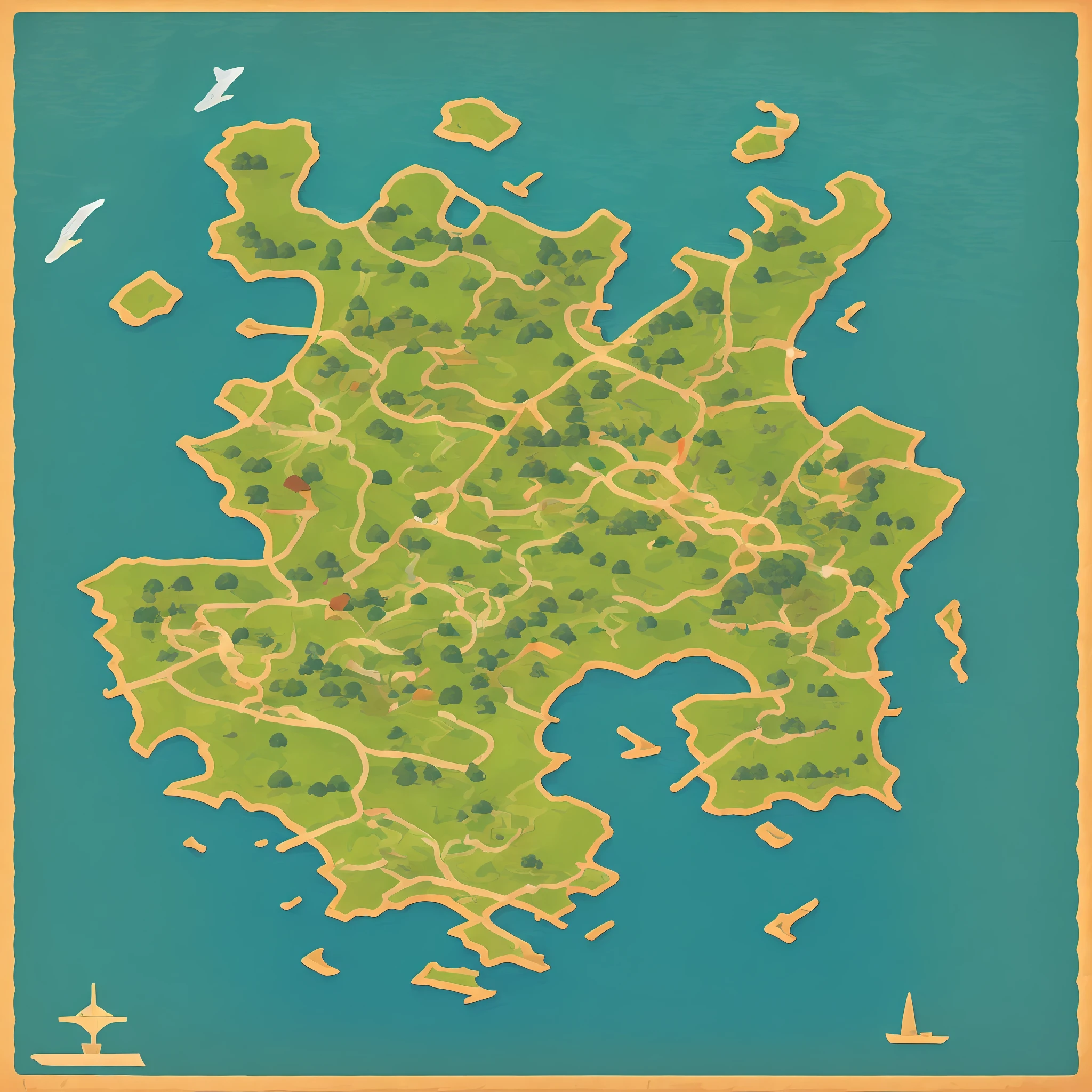 A close image of a detailed map, showing an island surrounded by vegetation several marked points.