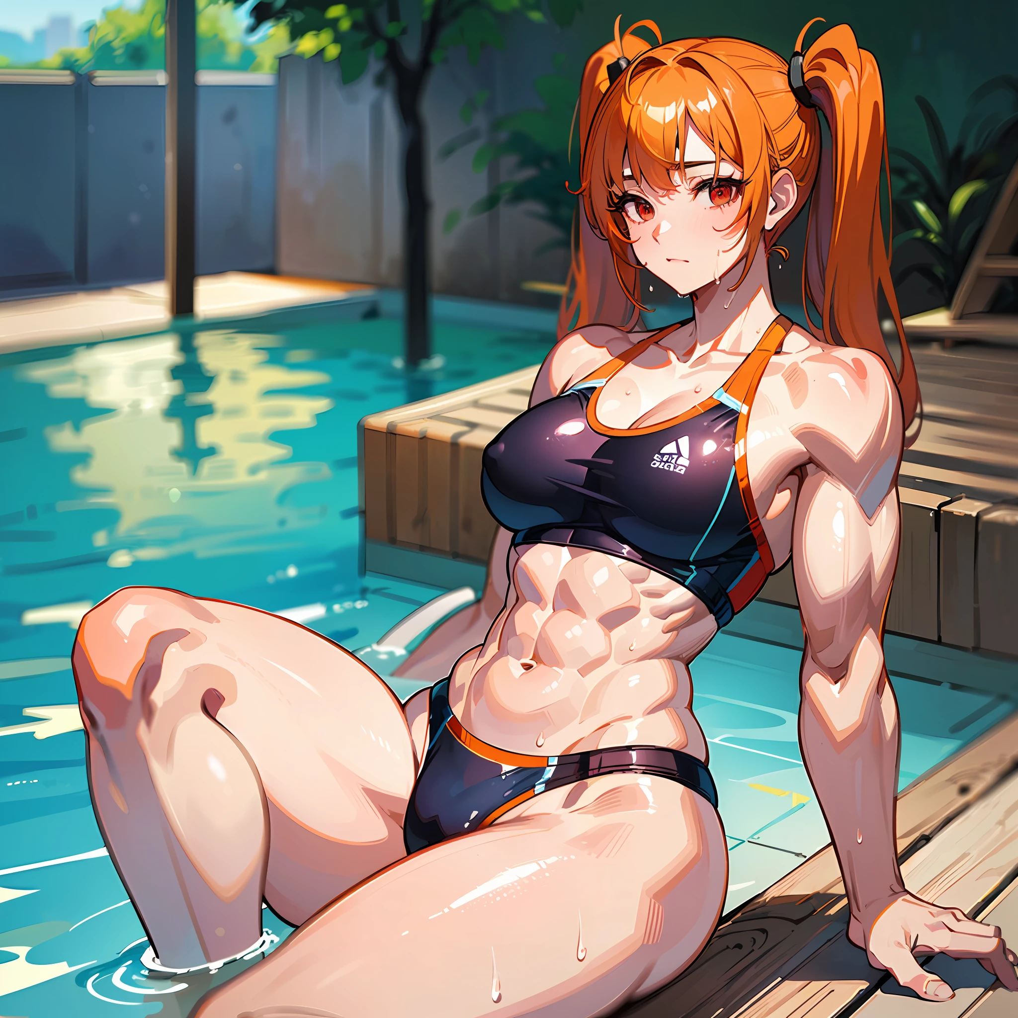 ((masterpiece))、((Top image quality))、((top-quality))、(((Illustration of one woman)))、(((Muscle Girl)))、full body Esbian、((30-years old))、((neuter))、((twin tails with orange hair))、Red Eyes、((Long body))、(((perspiring)))、((Steam wafting all over the body))、((Body wet with sweat))、(((Muscular and strong body)))、((Split abs))、(((muscular and thick arms)))、(((muscular and thick thighs)))、((manspreading))、((Sports Swimwear))、Sitting on a deck chair、in poolside